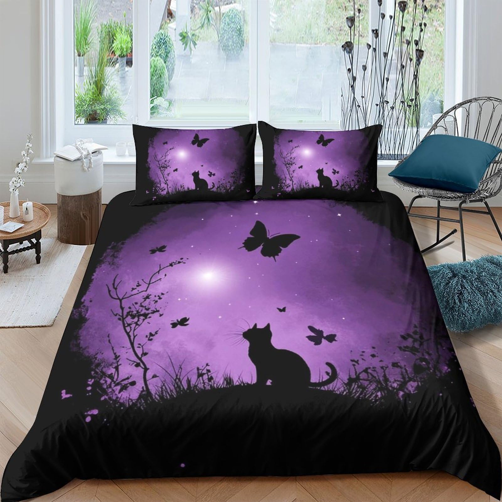 Ctjqhvkz Style-9 3D Printed Purple Cat Silhouette Fitted Sheet Microfiber Soft Butterfly Bed Sheet For Bedroom Dorm Decor Mattress Protection Single（135X200cm）