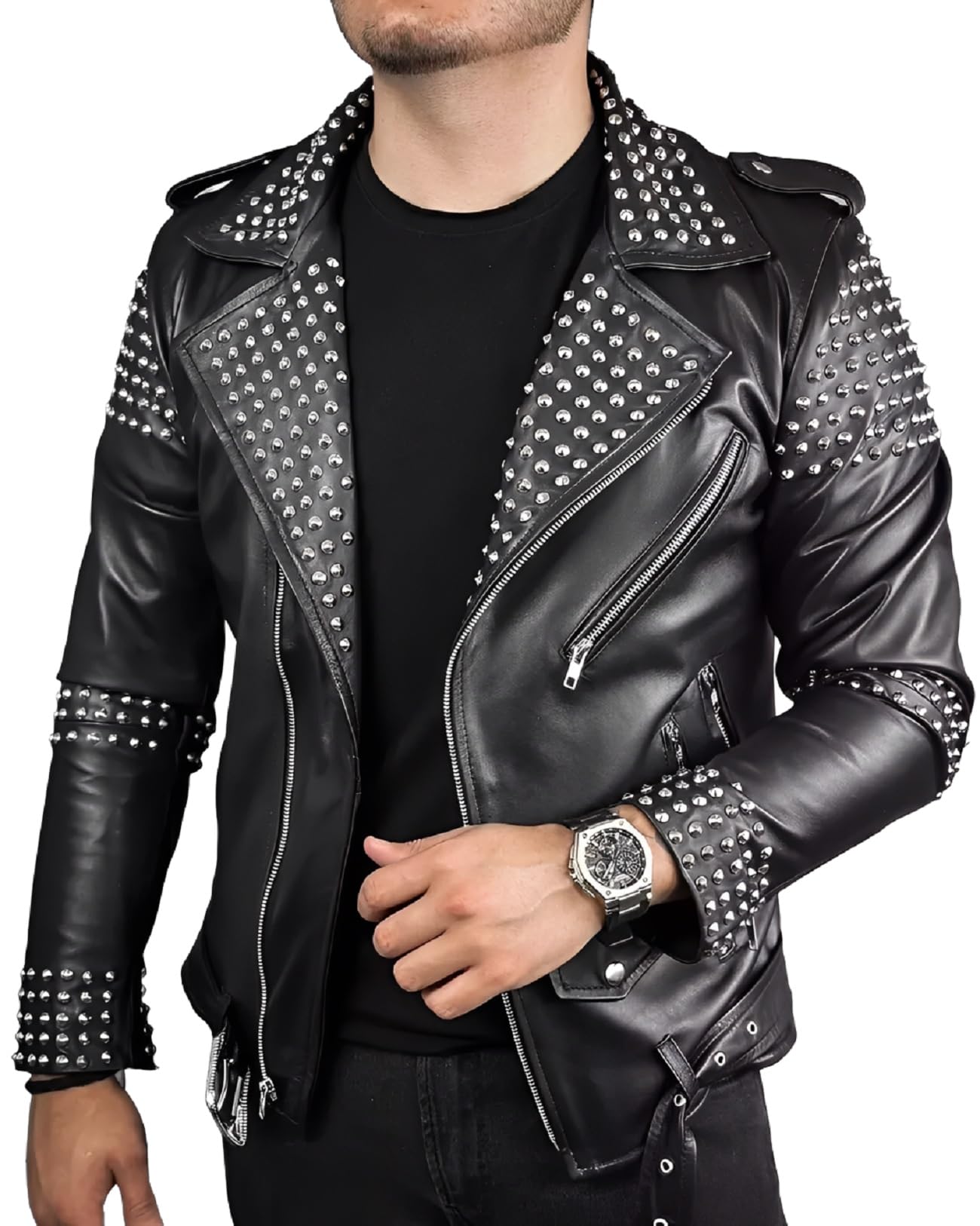 Giacca in pelle da uomo, stile punk rock, con borchie, stile vintage
