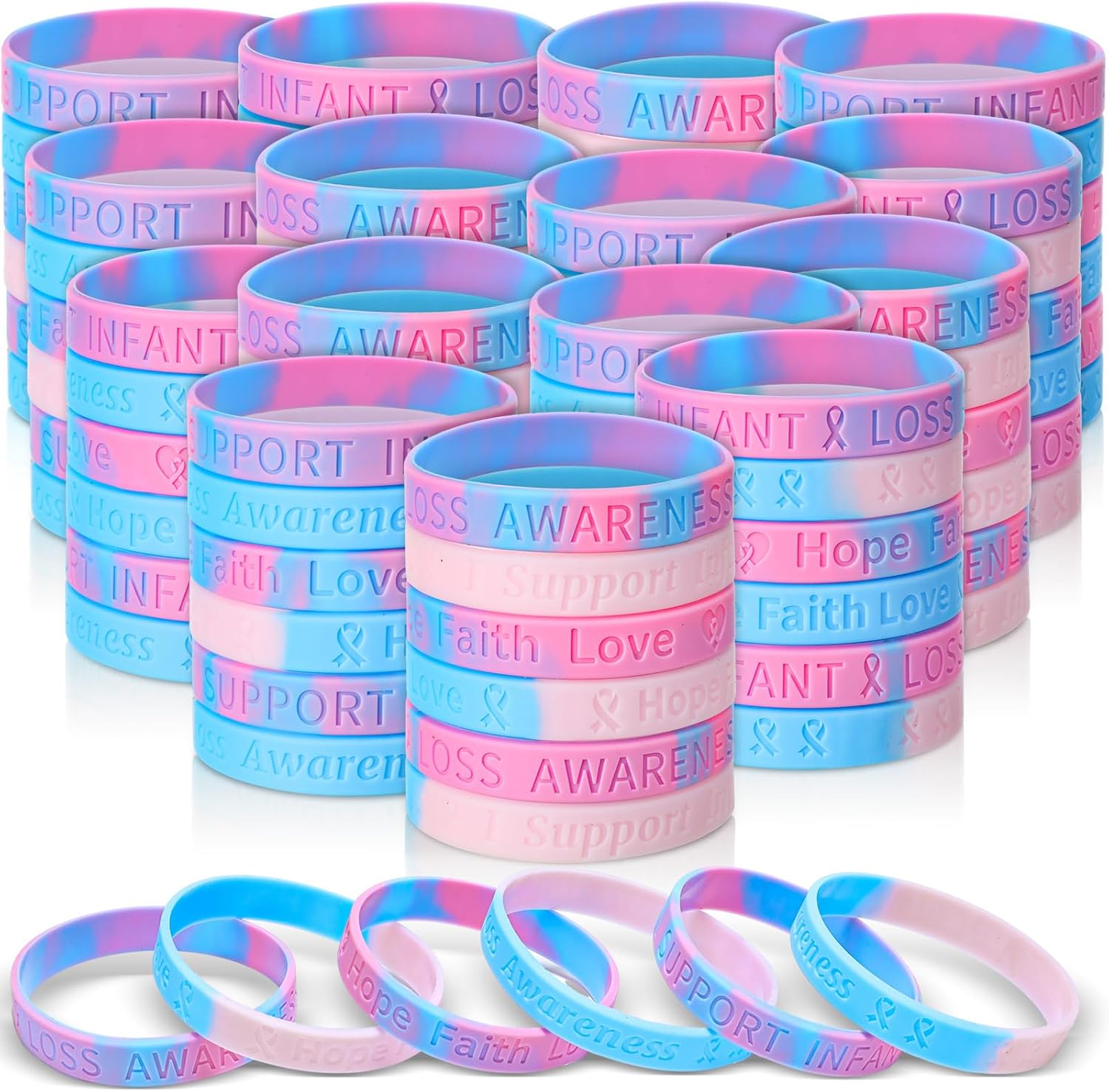 Cunno 200 Pcs I Support Infant Loss Awareness Wristbands Pink & Blue Ribbon Awareness Silicone Bracelets for Women Pregnancy Infant and Child Loss Awareness Month Community Supplies