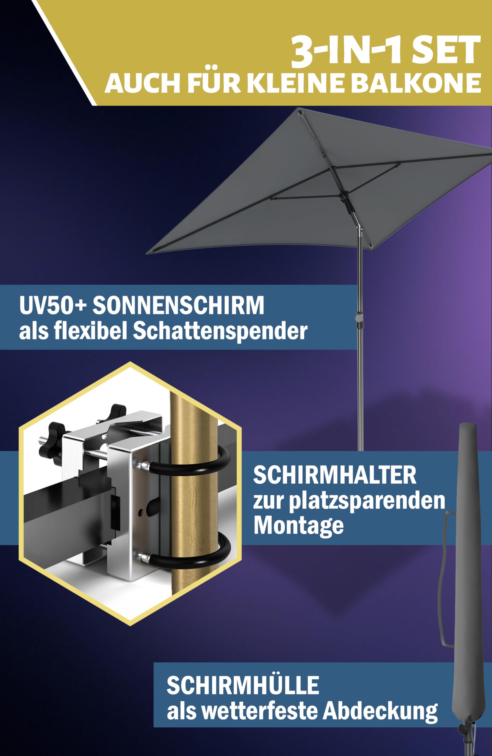 Menz Sonnenschirm Balkon - 3-IN-1 SET - UV50+ Sonnenschirm rechteckig 200x125 cm + Sonnenschirmhalter Balkongeländer + Sonnenschirmhülle - Sonnenschutz Balkon