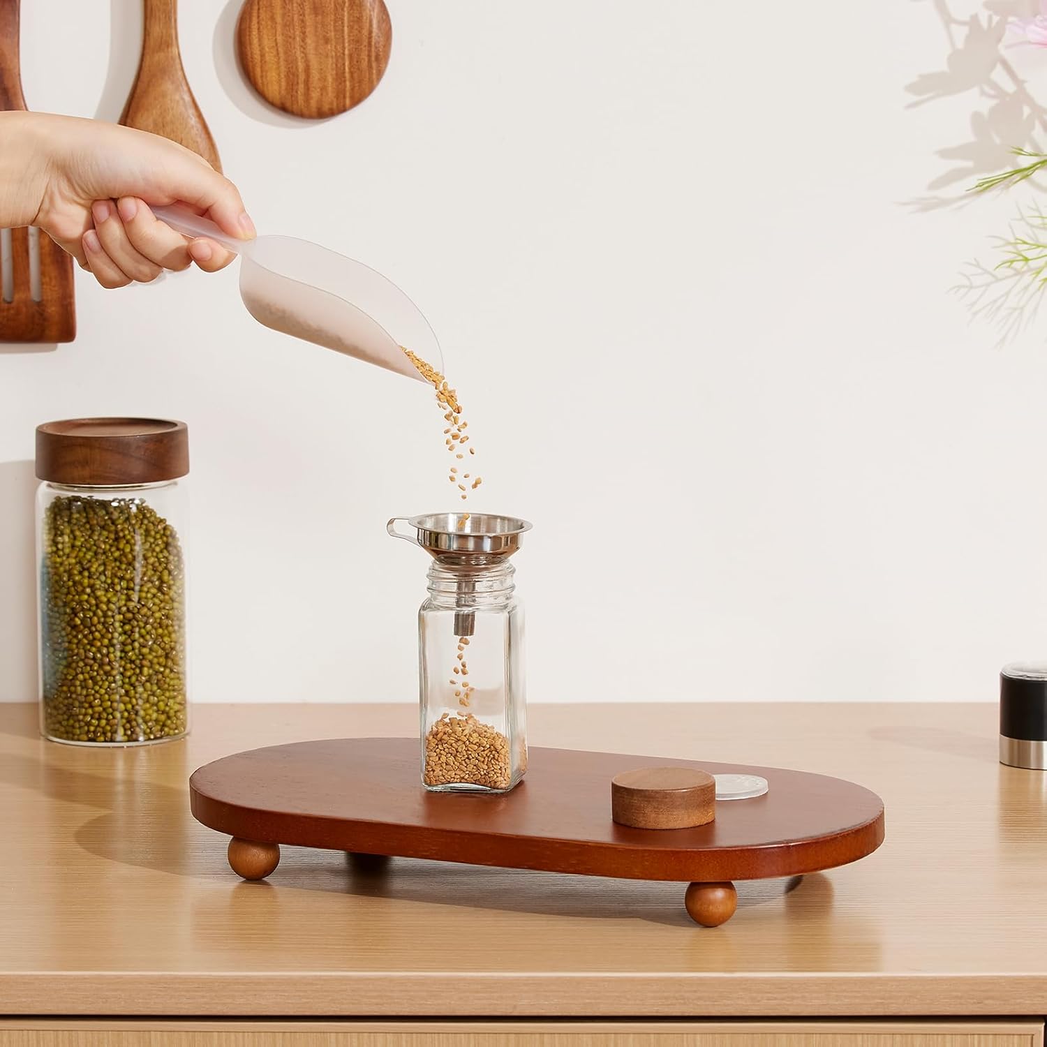 Yangbaga 24Pcs Glass Spice Jars with Labels-4OZ Wood Lid Square Spice Containers with Pepper Grinder Lids &Funnel,Seasoning Jars for Rack Cabinet Drawer - Image 5