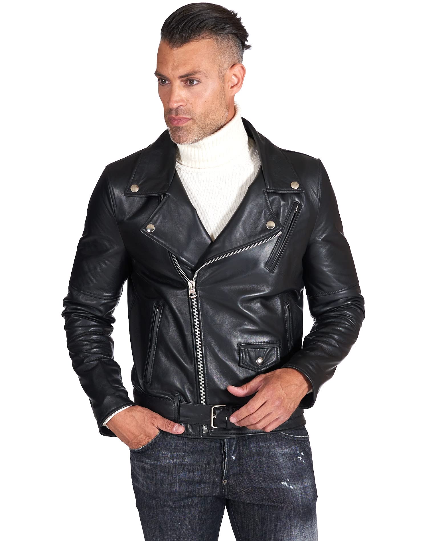 D'Arienzo Chiodo Pelle Nera Uomo Biker Motociclista Vera Pelle Made in Italy Chiodo