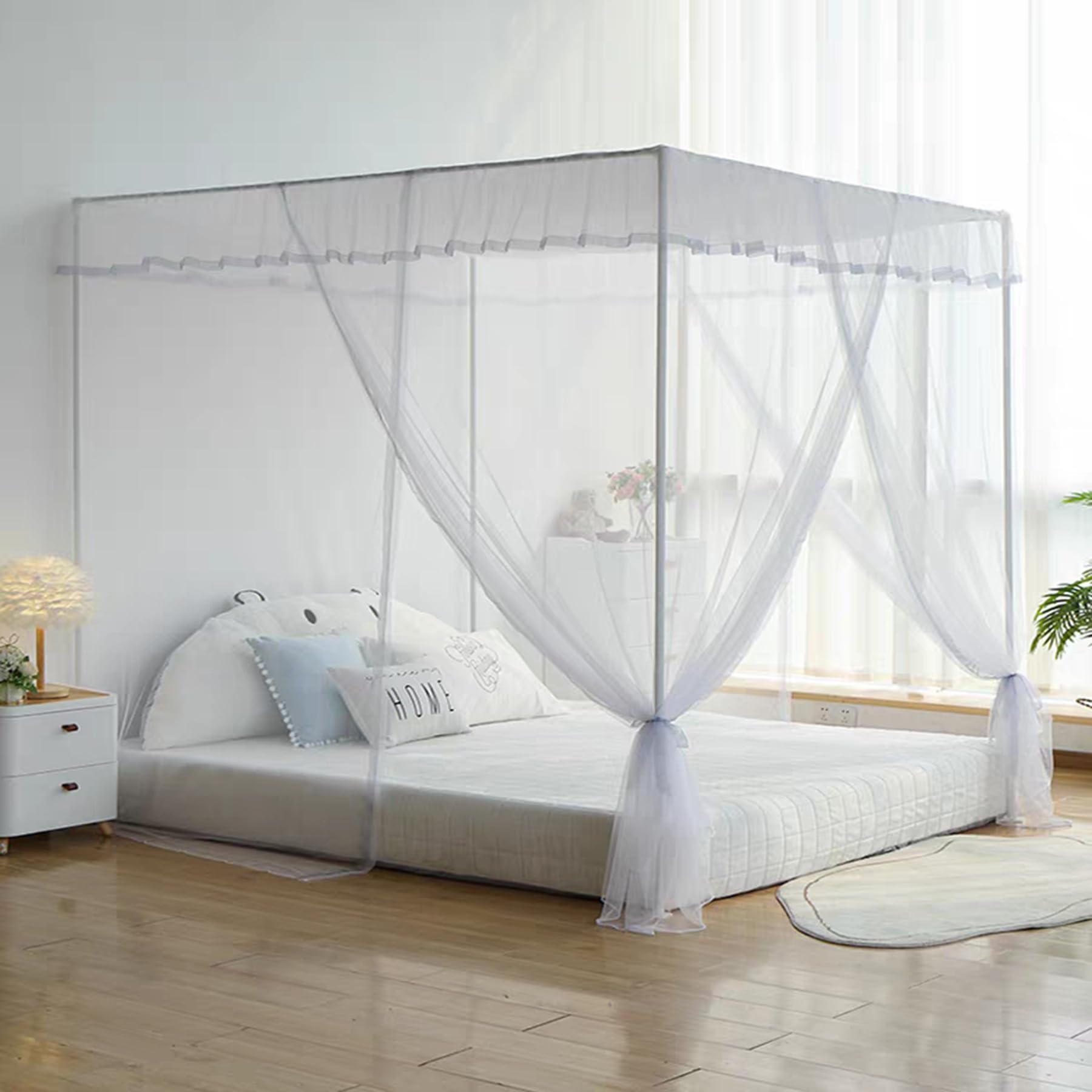 GJMSSMY Four Corner Bed Bracket Post, Anti-Glare Windproof Lightproof, Canopy Bed Post Poles with Mosquito Net for Bedroom Decoration,light gray,Queen