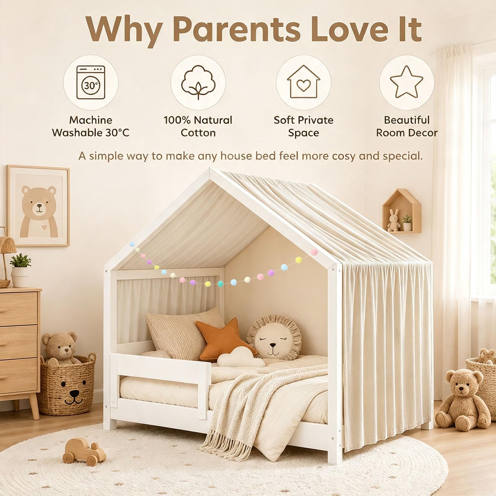 Baldaquin Lit Enfant Maison – 100% Coton, Betthimmel Maison, Voilage Lit Cabane Chambre Enfant, Décoration Baldachin Chambre Fille Garçon, Ruban Décoratif 5 m, 135 x 360 cm (Gris Abricot)