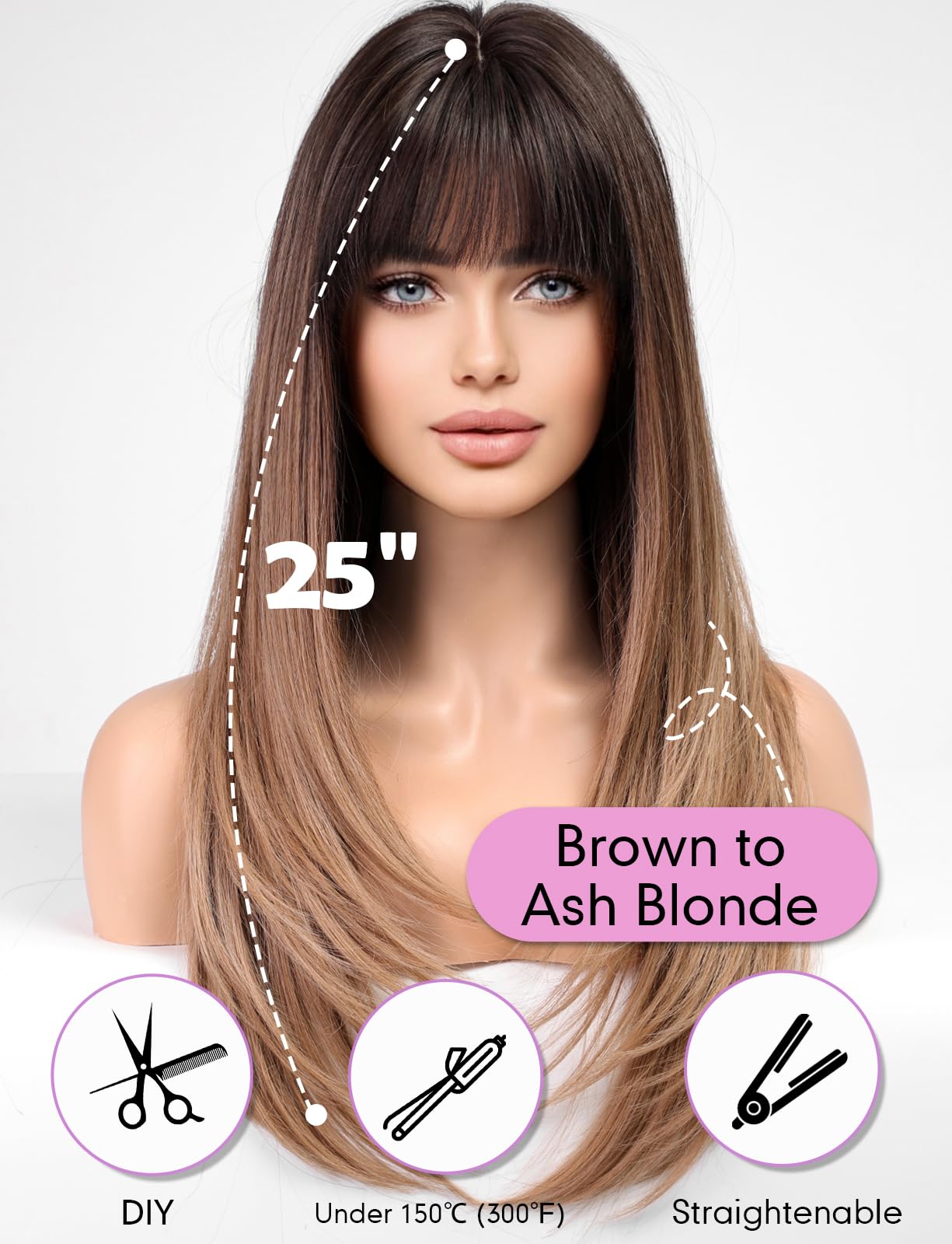 WOKESTAR Brown Wigs for Women Layered Straight Long Wig with Fringe, Ombre Brown, 25 inch - Image 3
