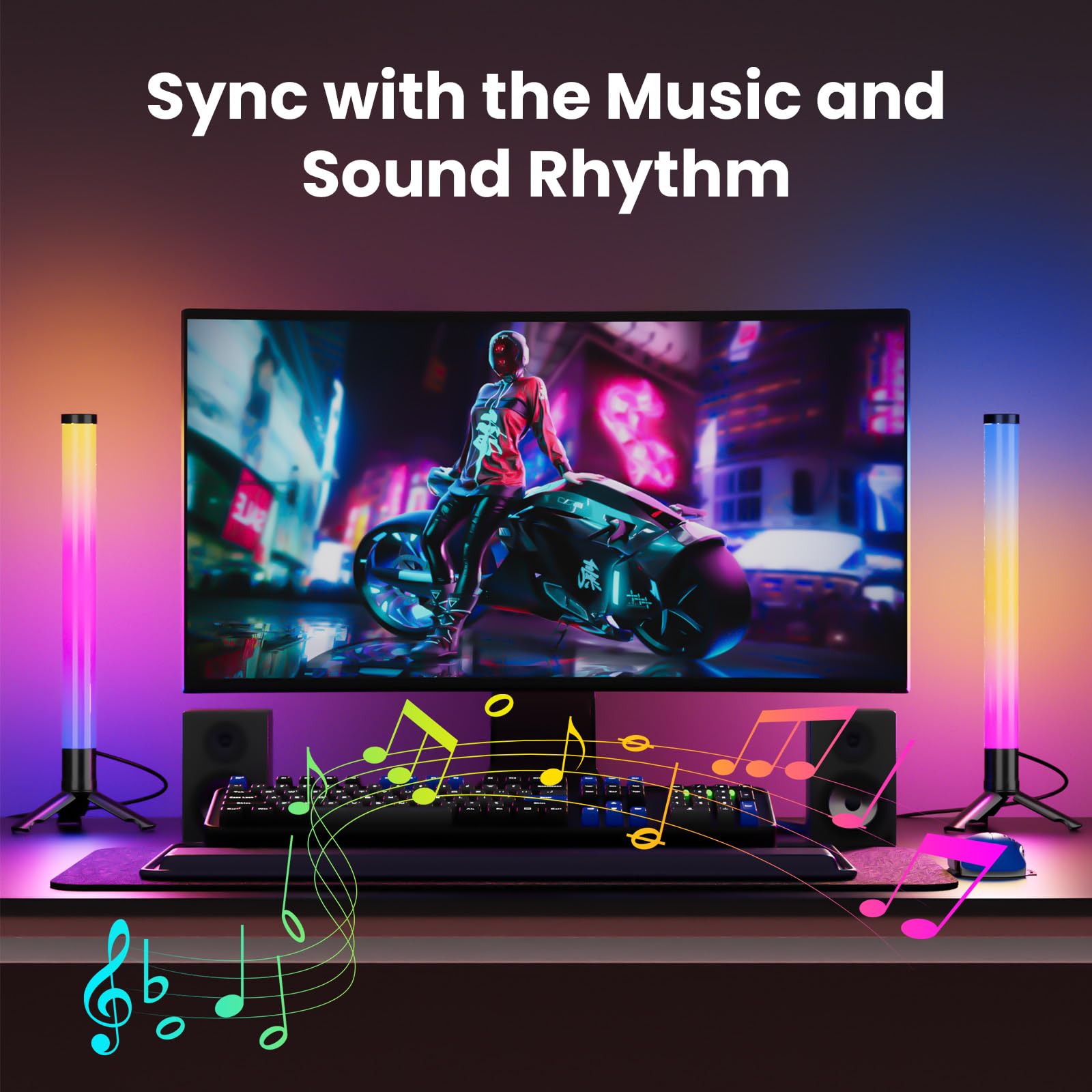 TJOY Barras de luz inteligentes de 360°, retroiluminación de TV con sincronización de música, barra de luz RGB alimentada por USB, luces LED de juego en el escritorio, iluminación ambiental para PC