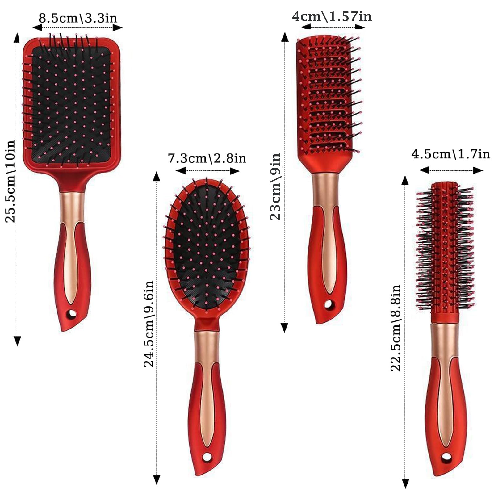 Hair Brush Set ,DDUP 4 PACK Anti Static Massage Oval Comb Round, Vent,Detangling,Paddle Brush for Women Men (Red) - Image 2
