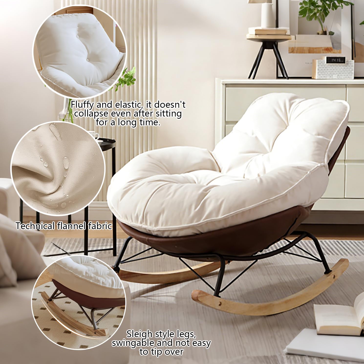 Mecedora, sillón balancín ergonómico, cojín extra grueso y respaldo, sillón moderno para salón y dormitorio, base de madera estable y marco de metal, resistente a las caídas
