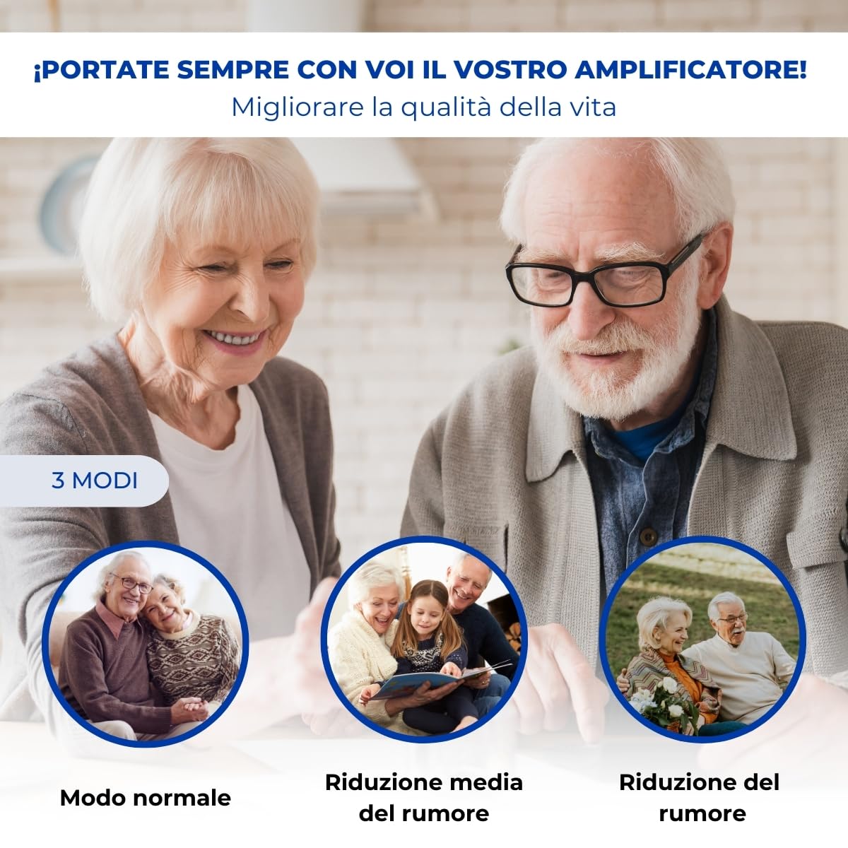 Mobiclinic®, Amplificatore acustico, Ear plus 1, Ricaricabile, 5 livelli di volume, Per entrambe le orecchie, 3 modalità riduzione, Leggero e portatile, Include tappi ricariche