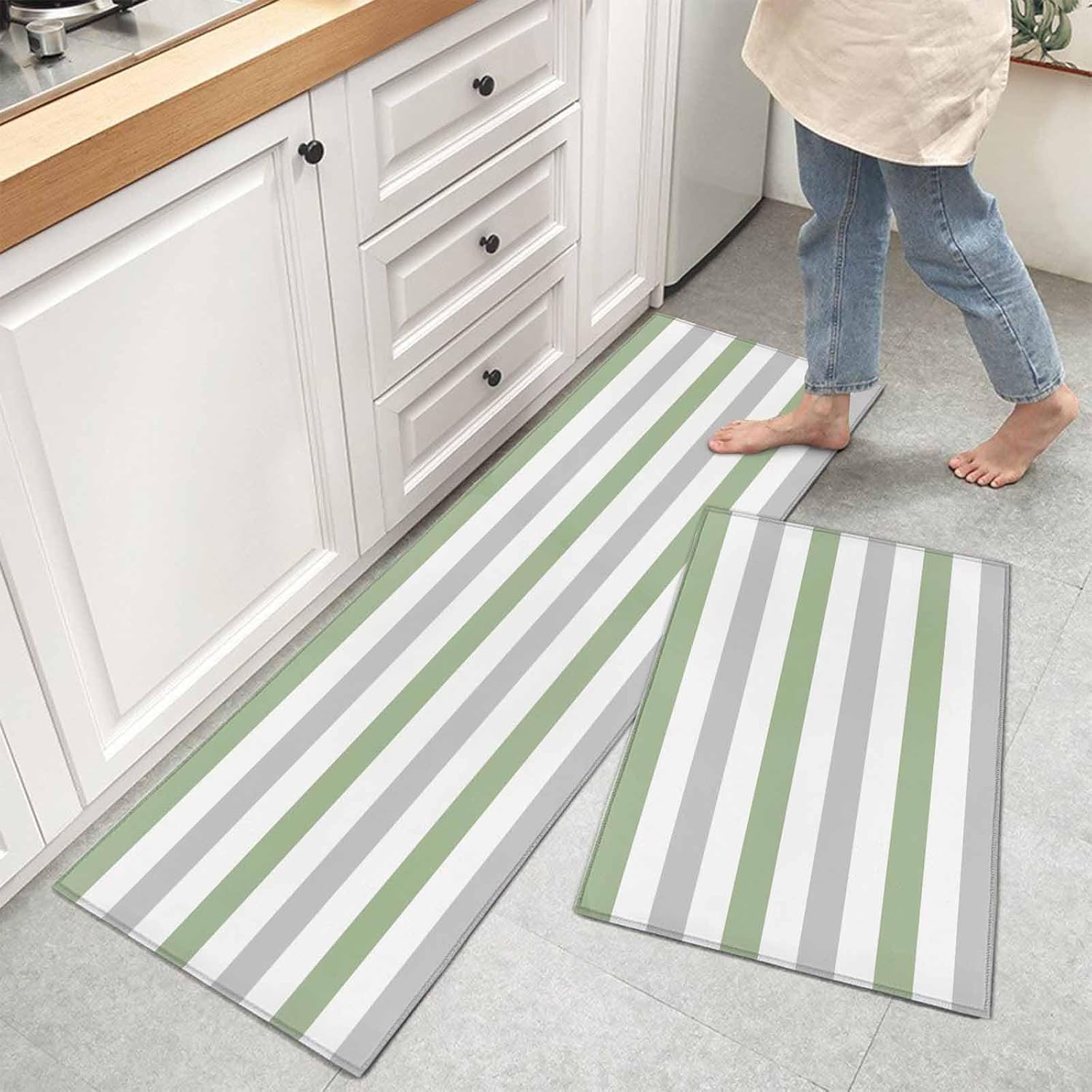 Kitchen Rugs and Mats Set,Sage Green and Grey Stripe Comfort Area Runner Rug 2 PCS Set,Non-Slip Absorbent Floor Doormat Washable Standing Carpet for Kitchen Sink Home Decor Minimalist Line on White
