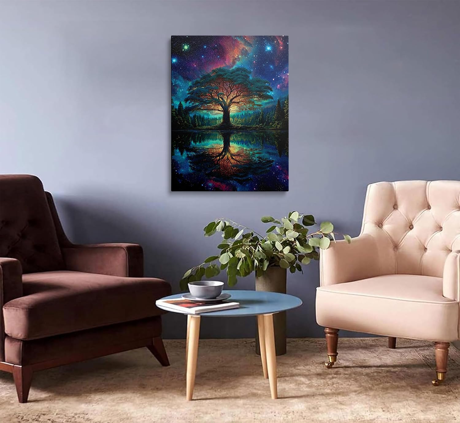 Mystical Tree of Life Wall Art Canvas Framed Fantasy Forest Reflection Lake Fall Wall Decor Night Sky Scenery Pictures Prints Landscape Whimsy Posters for Bedroom Bathroom Living Room (12"x16")