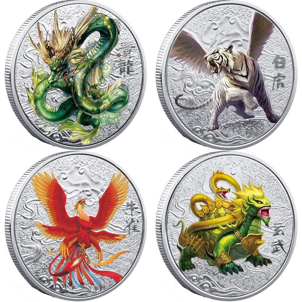 Wudaizhi Silver Traditional Collectible Coin 4Pcs Chinese Ancient Mythical Creatures Souvenir Coin Collection Challenge Coin For Home Decor