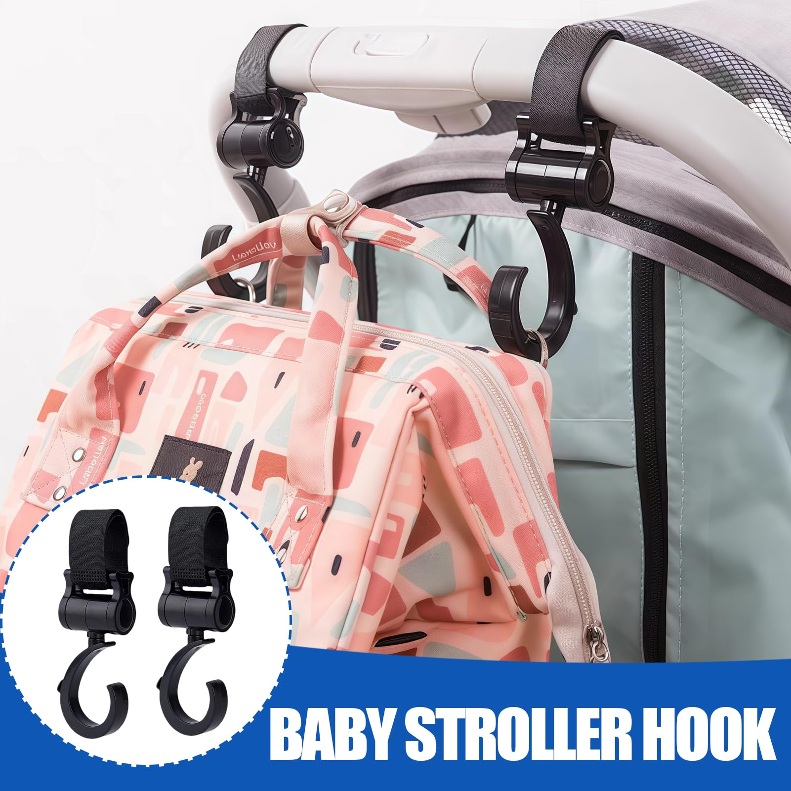 Set di 4 Pezzi, Ganci Passeggino, Universali Rotanti, Ganci Multifunzionali per Passeggini, Carrelli e Trolley, Nero, Facili da Installare, Resistenti e Adattabili