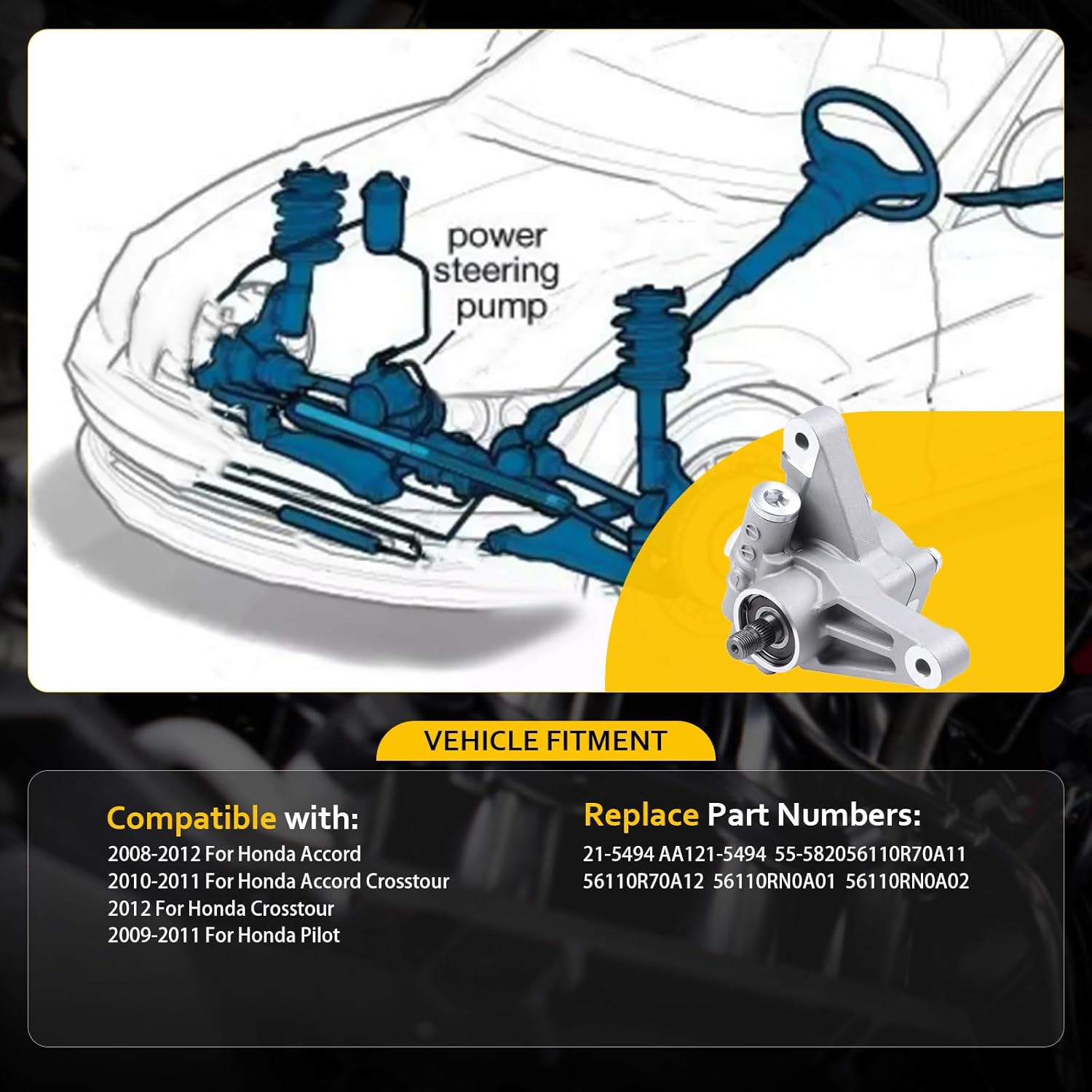 OCPTY Power Steering Pump Compatible with 2008-2012 For Honda Accord 2010-2011 For Honda Accord Crosstour 2012 For Honda Crosstour 2009-2011 For Honda Pilot 21-5494 Power Assist Pump