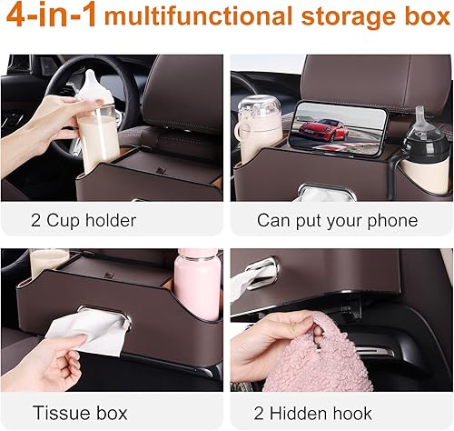 Miniatura 2 de Asiento trasero de automóvil extra multifuncional para portavasos de bebidas con caja de almacenamiento de pañuelos organizador y ganchos para