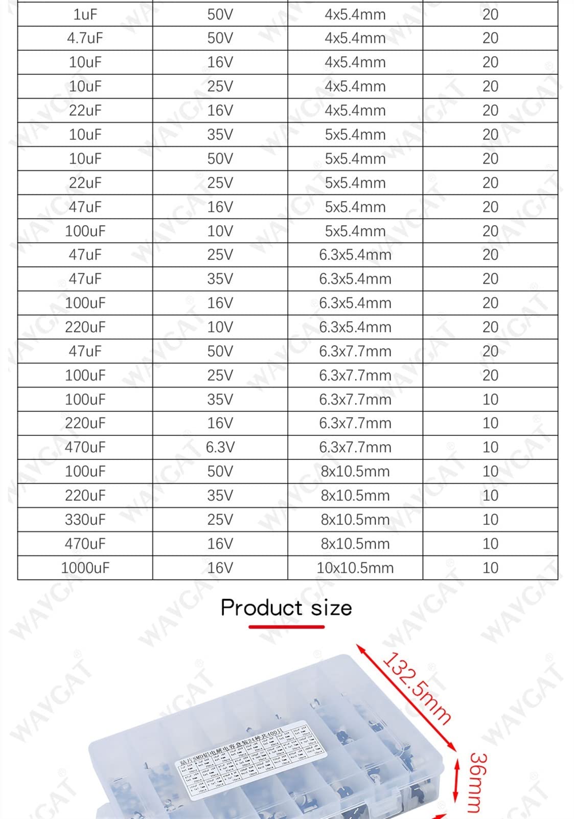 Condensadores 1UF~1000UF 6.3V-50V 400Pcs 24Value SMD Kit de surtido de condensadores electrolíticos de aluminio + caja