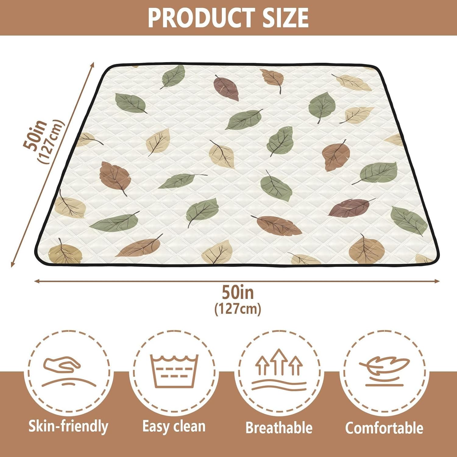 Doodle Colorful Leaf Pattern Baby Play Mat, 50“ X 50” Washable Folding Crawling Mat, Baby Floor Mat, Soft, Thick, Non-Slip