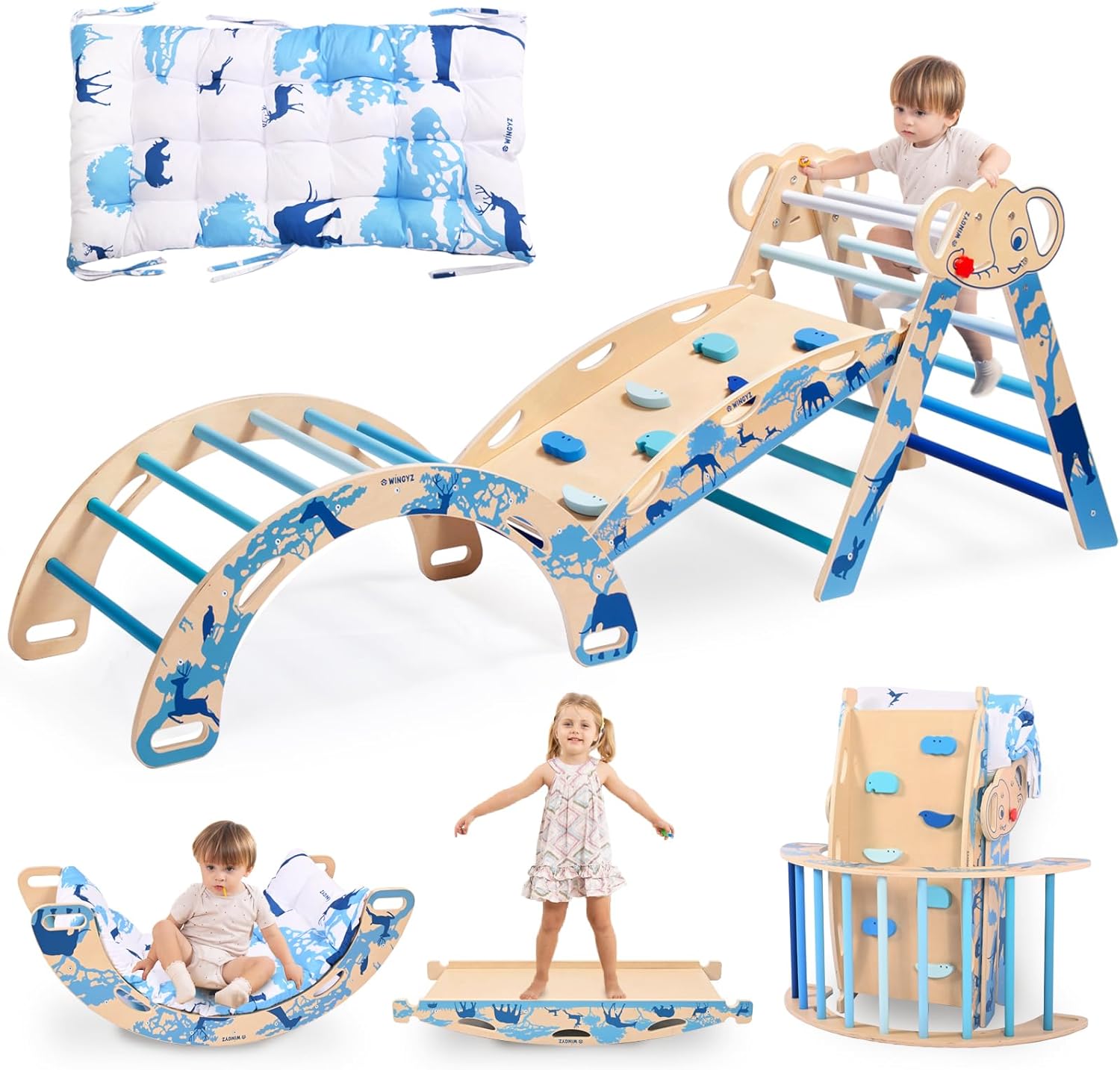 wingyz 8-in-1 Pikler Triangle Set-Foldable Baby Climbing Toys with Cushion,Arch, Ramp &amp; Ladder | Montessori Toddler Climber Indoor Jungle Gym for Kids (Blue)