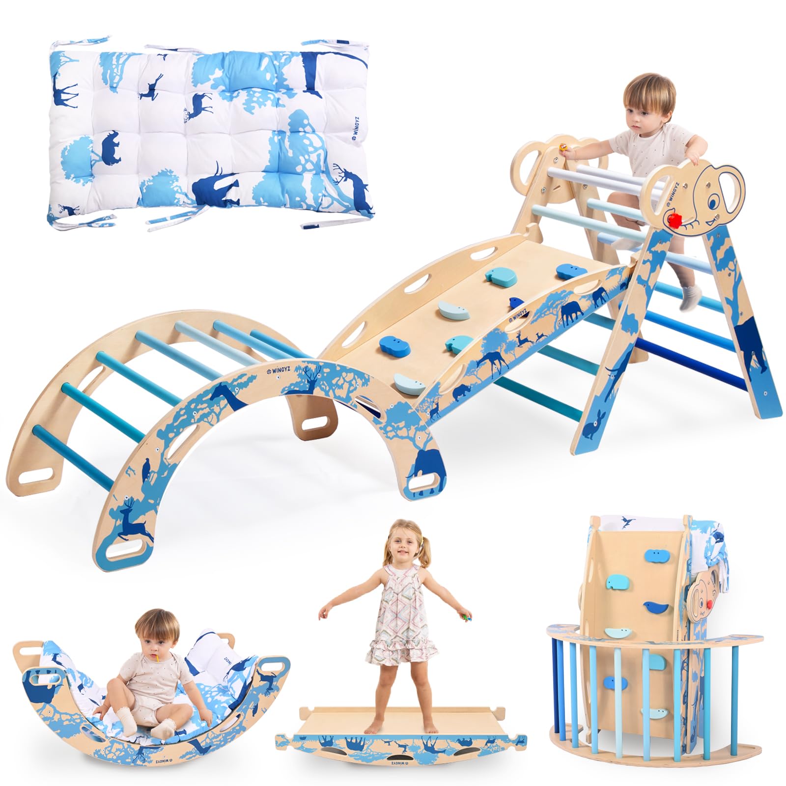 wingyz 8-in-1 Pikler Triangle Set-Foldable Baby Climbing Toys with Cushion,Arch, Ramp & Ladder | Montessori Toddler Climber Indoor Jungle Gym for Kids (Blue)