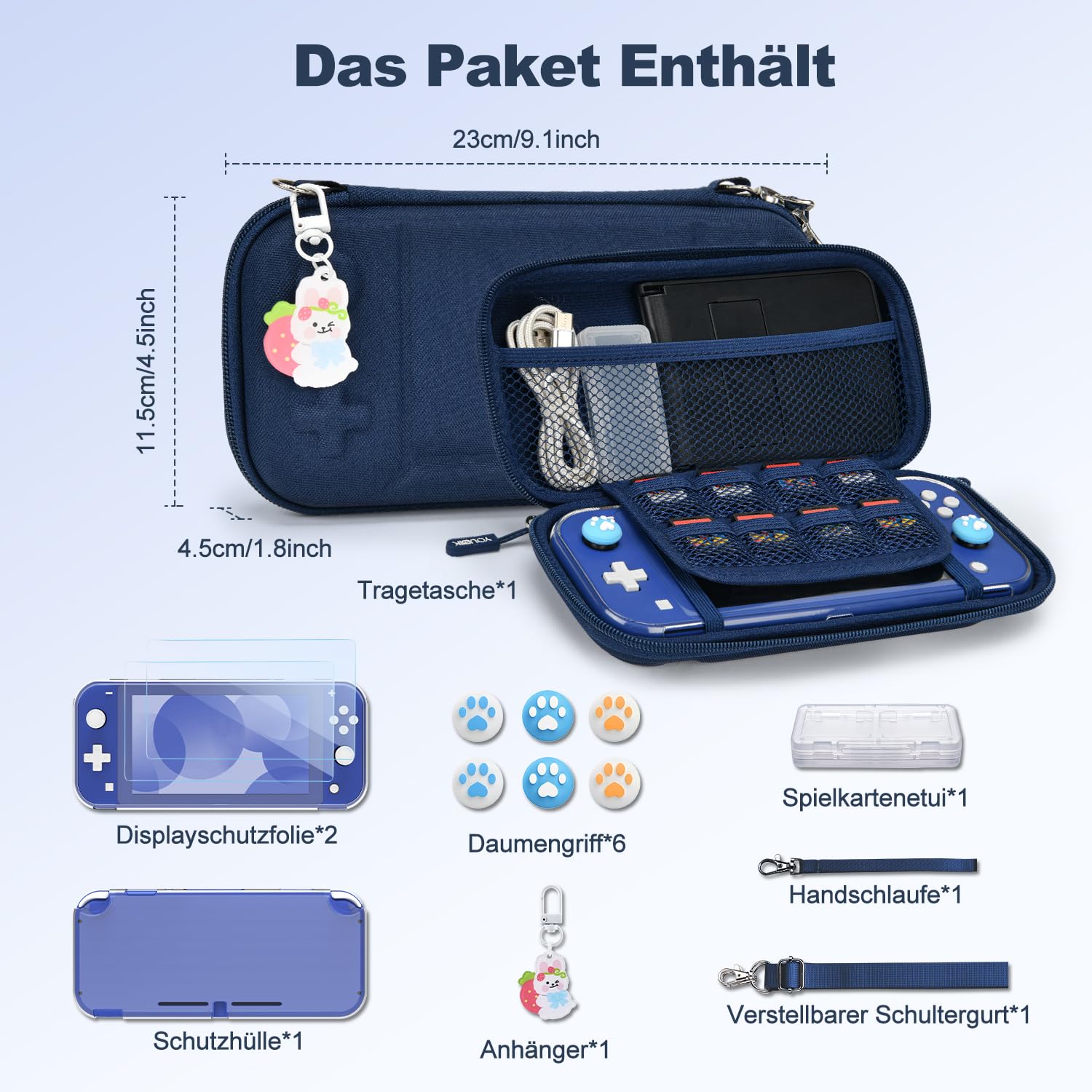 Younik Switch Lite Hülle 14-in-1 Zubehör mit Tasche, klare Schutzhülle, Spielkartenhülle, 2 Bildschirmschützer, 6 Daumengriffe, Anhänger, blaue Tragetasche
