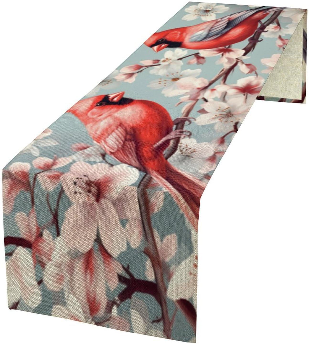 Red Blossom Bird Table Runner, Floral Animal Botanical Dresser Scarf for Dining Table, Kitchen, Party Or Farmhouse Decor, 13x72 Inch