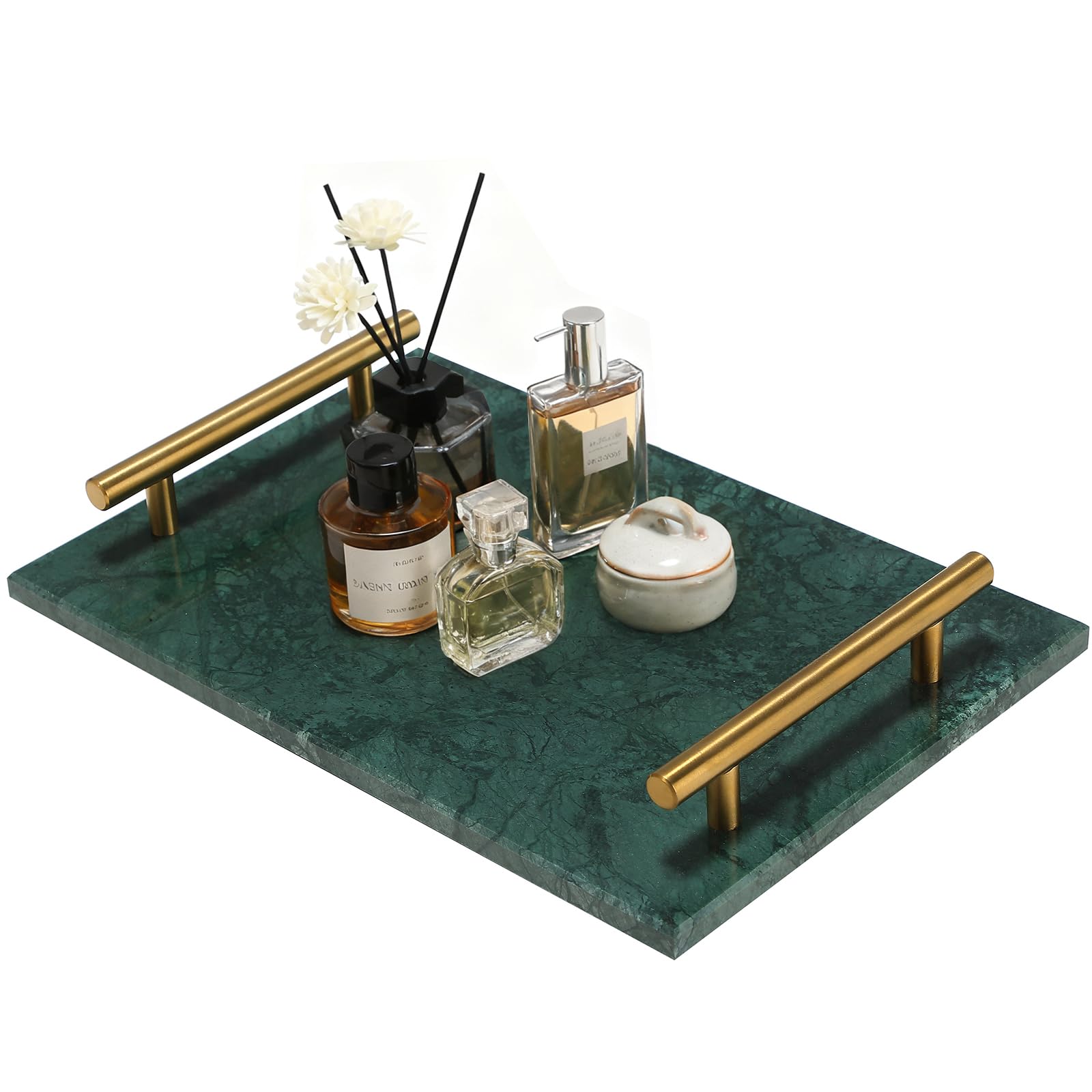 MAOPINER Marble Stone Decorative Perfume Tray with Copper Color Metal Handles, Handmade Jewellery Catchall Trinket Tray for Counter, Vanity, Dresser, Nightstand and Desk (Green)