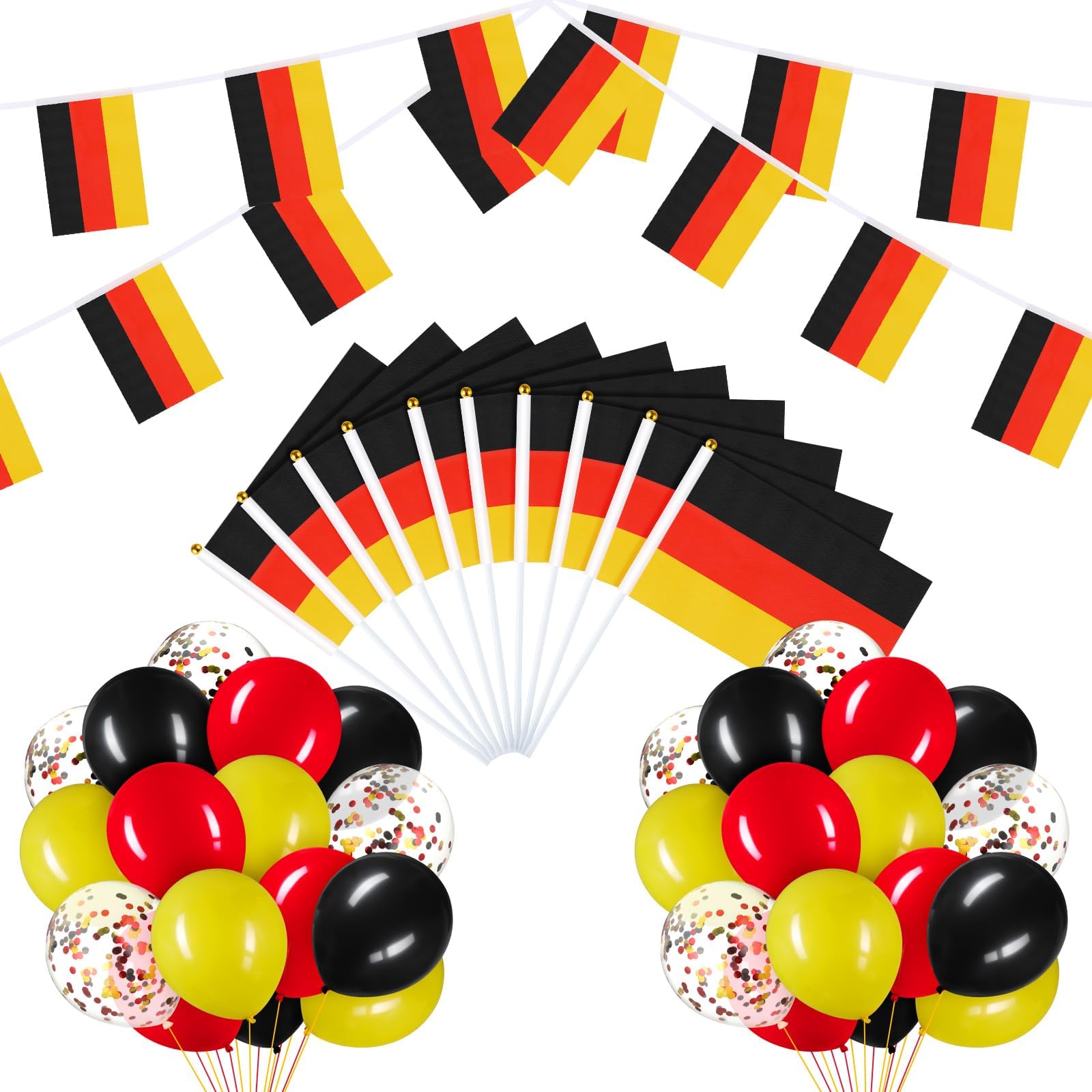 54 Pcs German Party Decorations Set 2 Germany Flag Banners 10 Germany Mini Hand Held Flags 40 Black Red Yellow Confetti Latex Balloons for Deutschland Themed Labor Day Patriotic Anniversary