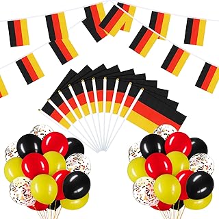 54 Pcs German Party Decorations Set 2 Germany Flag Banners 10 Germany Mini Hand Held Flags 40 Black Red Yellow Confetti Latex Balloons for Deutschland Themed Labor Day Patriotic Anniversary