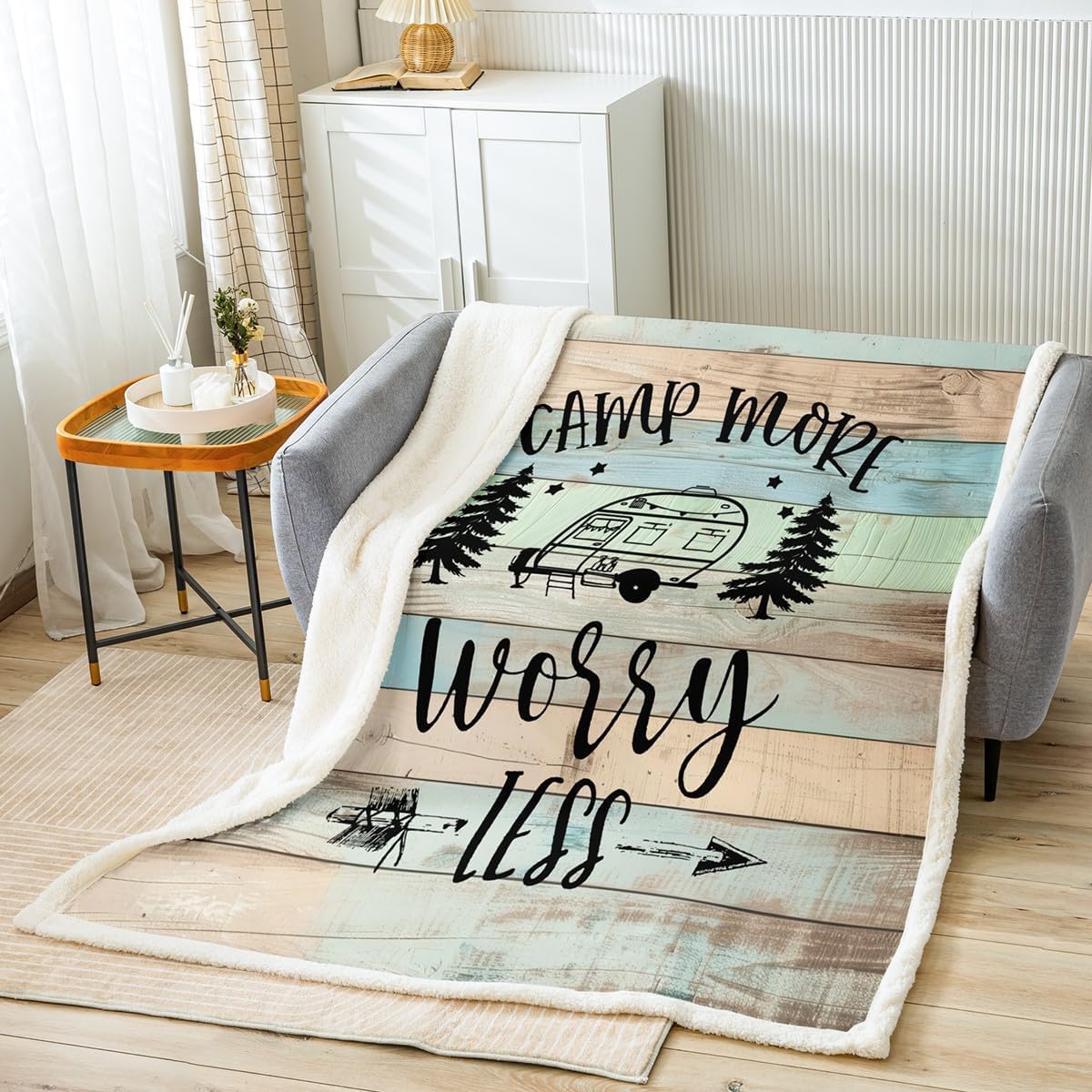 Camper Throw Blanket,Camping Themed Blanket for Travel Trailers,RV Camping Car Fleece Blanket 60"x80",Wood Board Rustic Country Style Sherpa Blanket Camper Accessories for Inside Teal Blue Green