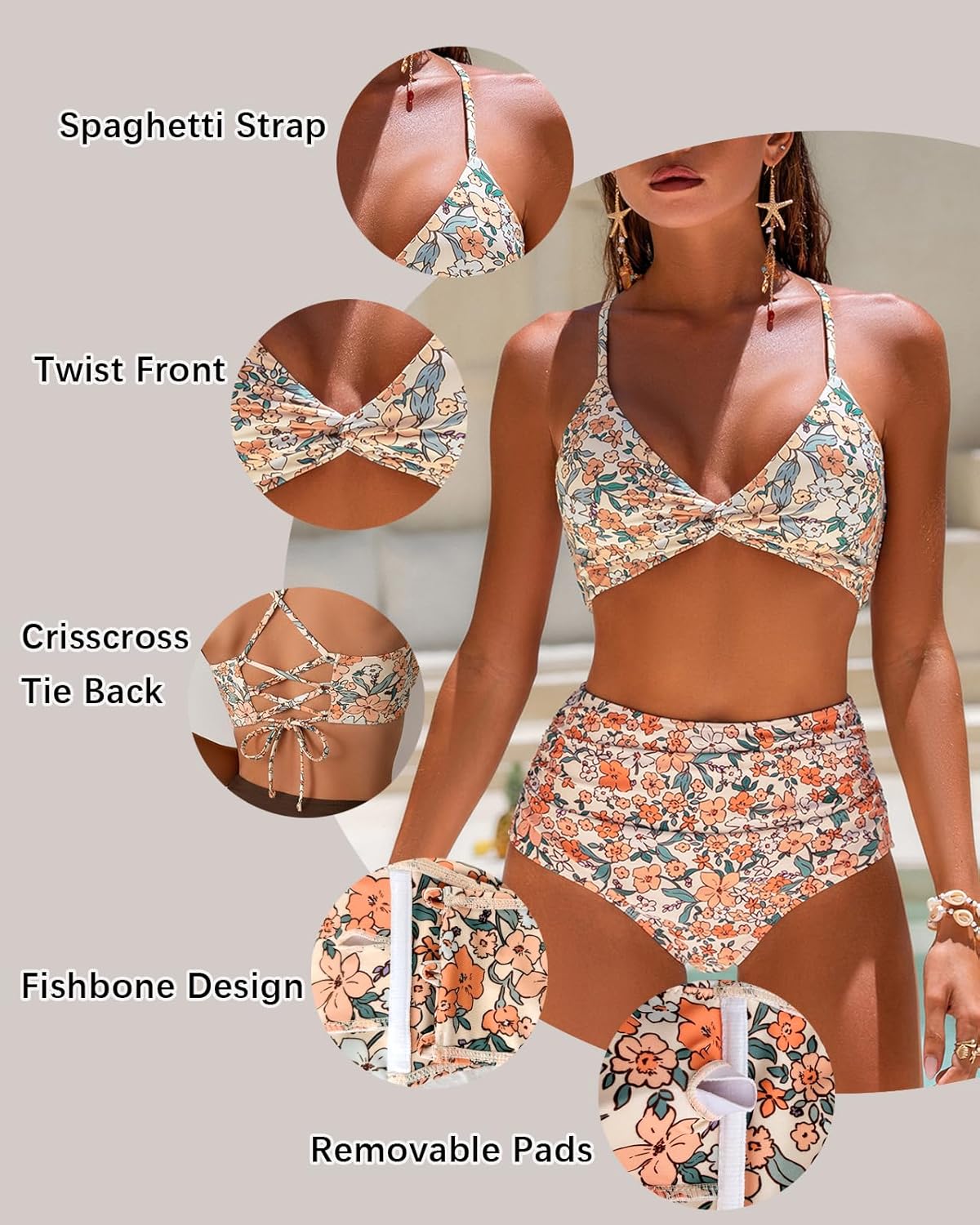 Twist Front Crisscross Back Bikini Top V Neck Self Tie Padded Swimsuit Bathing Suit Tops Only for Women