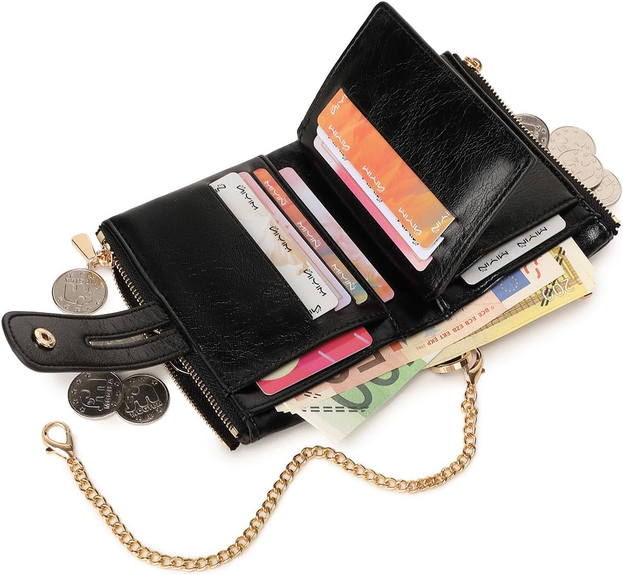 AOXONEL Wallets for Women Small Rfid Bifold Leather Ladies Wallet,Travel Billfolds Medium Size Card Holder with Removable Wristlet Chain,Multi-Card Slots,ID Window,Double Zipper Coin Pocket (Black) - Image 4
