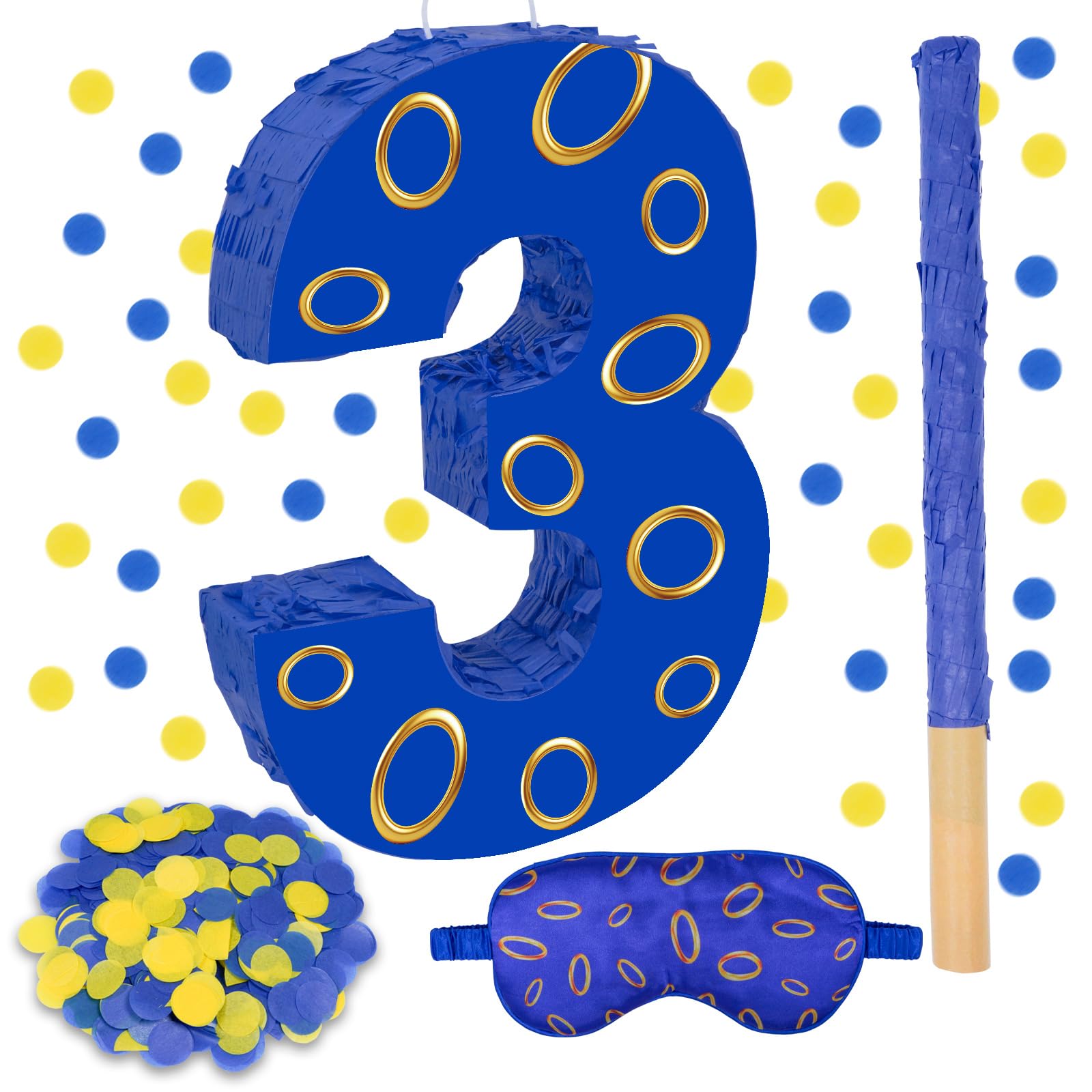 Photo 1 of 16 Inch Number 3 Double Sided Printing Blue Gold Ring Pinata with 16 Inch Piñata Stick Blindfold Confetti for Boy Girl Kids 3rd Birthday Party Decorations (3rd)