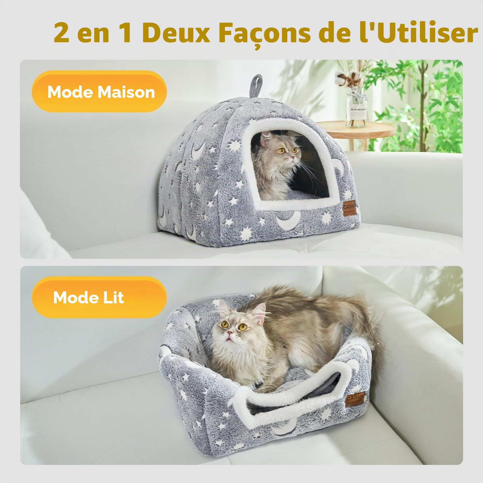 CATISM Lit pour Chat Phosphorescent - Lumineuse Niche pour Chat d’intérieur, Pliable Lavable Maison Chats avec Coussin Amovible, Fond Antidérapant, 40 x 40 x 38 cm