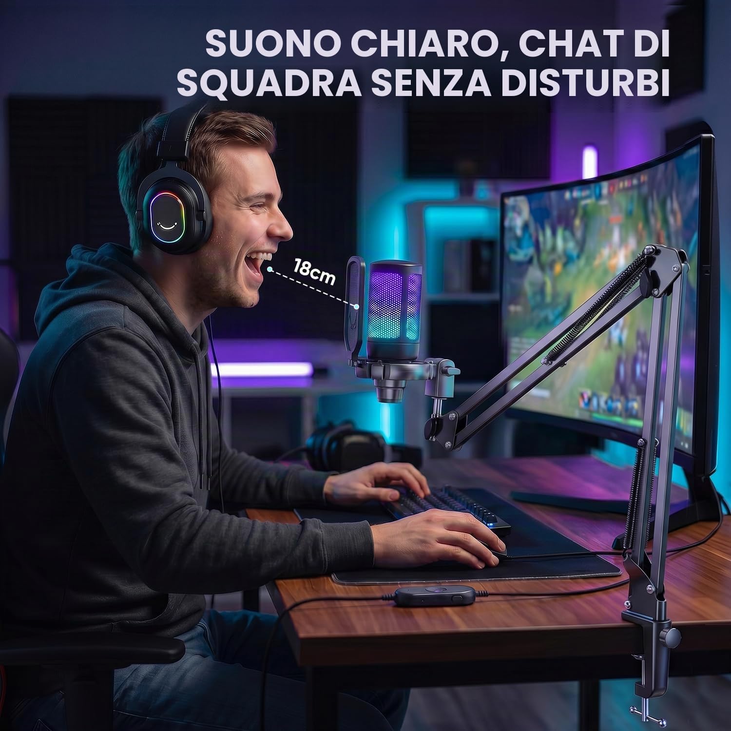 FIFINE USB Typ-A/C Microfono PC PS4 PS5, Gaming Micrófono a Condensatore per Streaming Podcasting, RGB Microfoni da Tavolo con Pulsante di Silenziamento