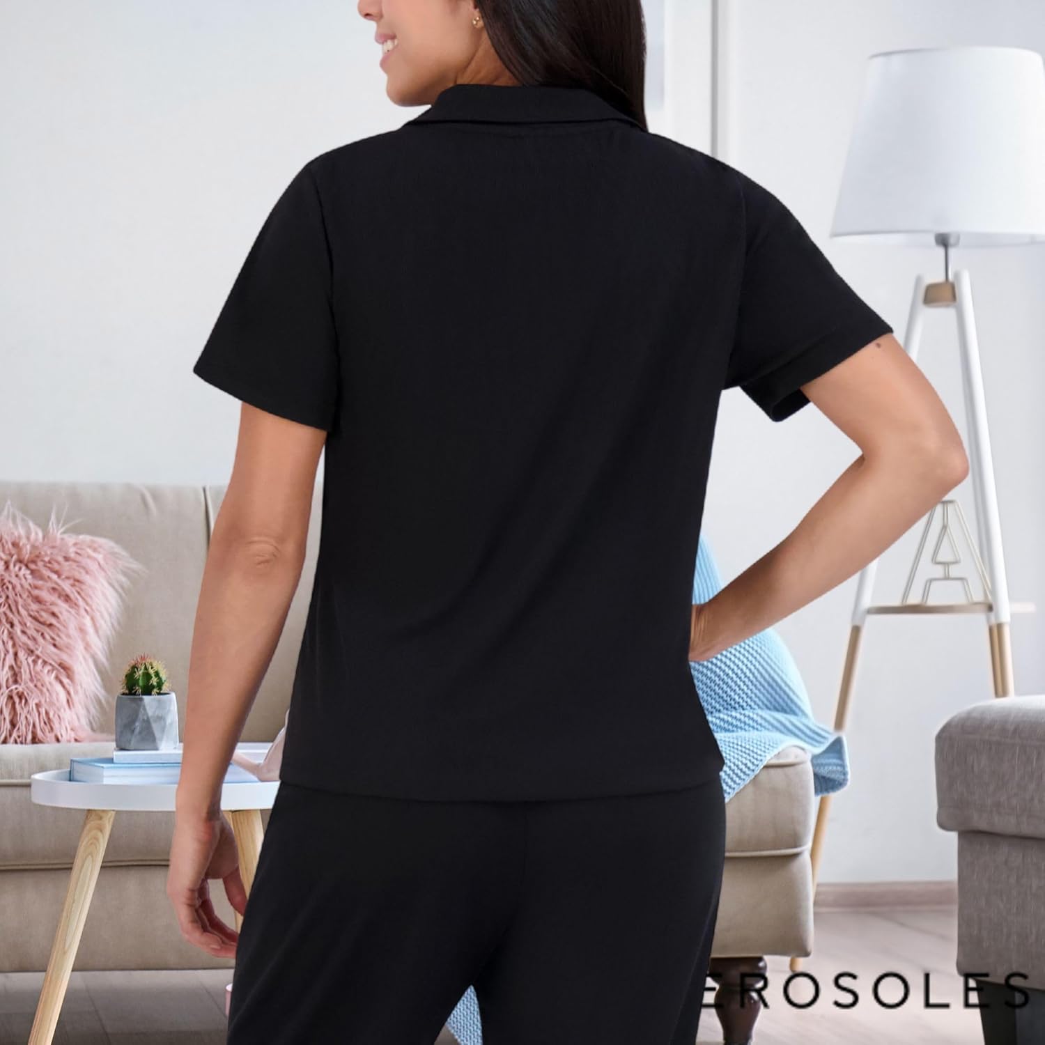 Aerosoles Women's Ribbed Notch Collar Cozy Pjs 2 Piece Soft Cozy Comfy Lounge dupe Cotton Sleepwear Button-up Pajama Set, Black, Large - Image 3