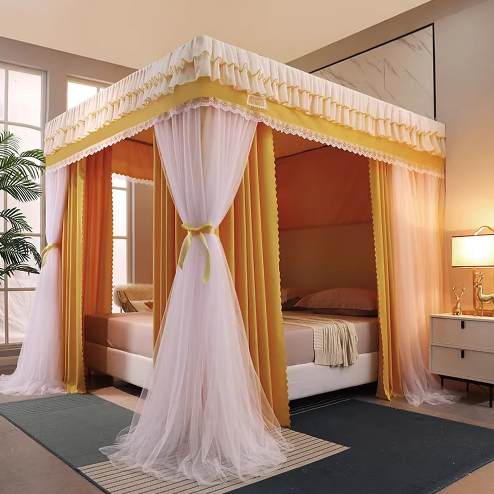 GJMSSMY 4 Corners Post Princess Curtains Bed Canopy for s, 4 Opening Queen King Bed Tent Netting Mosquito Net - Double Layer Sheer Mesh Canopies Drapes s Room Decor