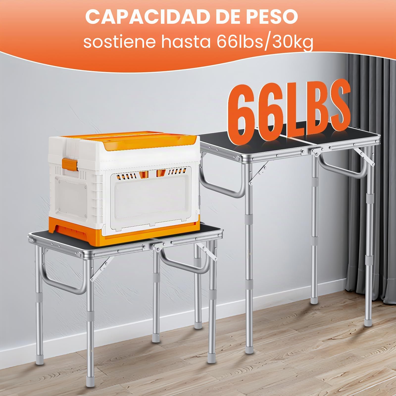 FUNYKICH Mesa Plegable de Camping, Mesa de Picnic Portátil de 3 Alturas Ajustables, Ligera de Aluminio para Exteriores con Asa de Transporte para Camping, Picnic, Barbacoa, 58x40 cm, Plata
