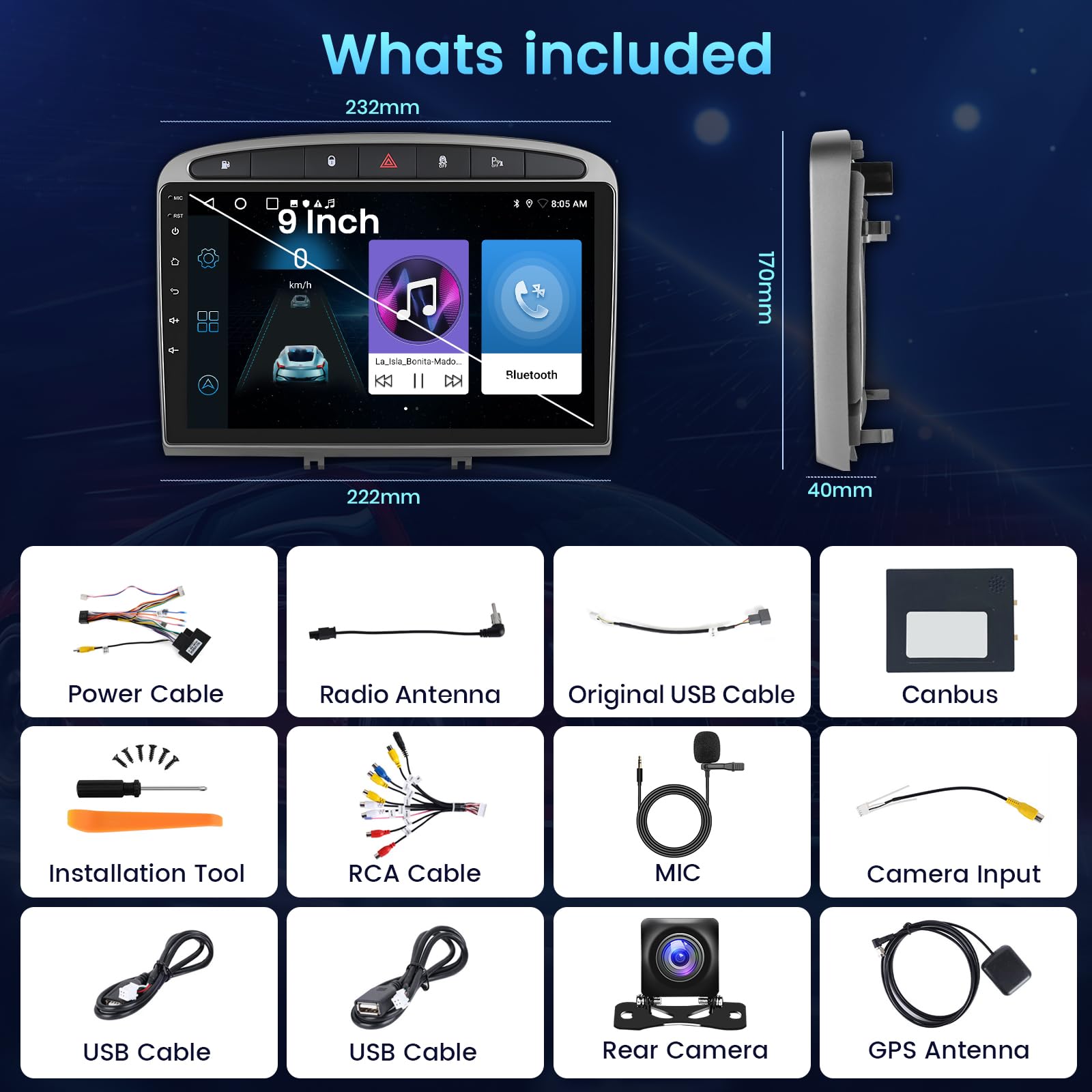 2+64G Android Autoradio per Peugeot 308 408 2007-2015 Wireless Carplay Android Auto, 9'' IPS Touchscreen Radio con Bluetooth/GPS/Telecamera di Retromarcia/FM/WiFi/SWC/26UI