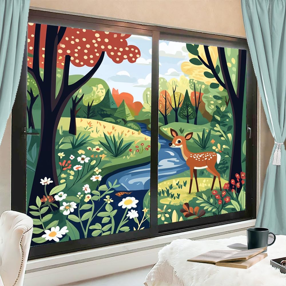 Country Deer Window Privacy Film Spring Forest Flower Tree River Colorful Stained Glass Window Film Decorative Window Sticker for Home Window&Glass Door, Sun Blocking 35.4Wx55.1L inch x 2pcs