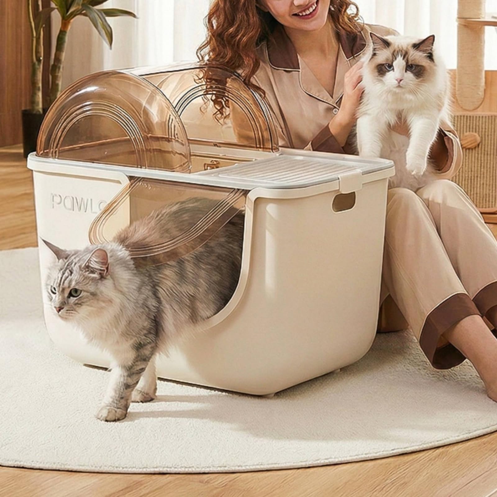 kowaku Caja de Arena para Gatos con Contenedor Cerrado Arenero Bandeja y Baño con Diseño y Esquinas Redondeadas Tapa Extraíble PP Control de Olores Adecuado, Blanco Arroz