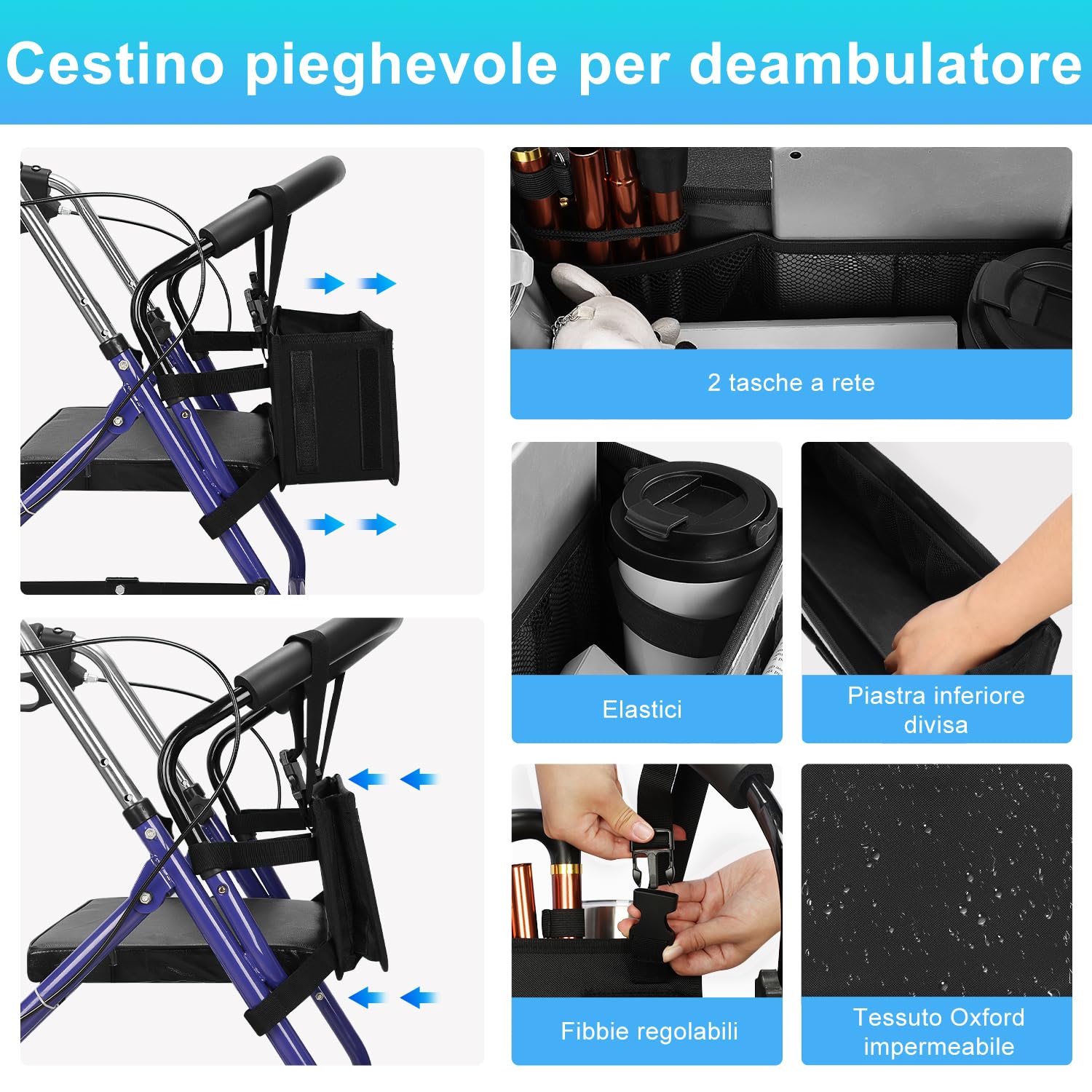 supregear Cestino Rollator, Grande Capacità Organizzatore Borsa con Svariate Tasche, Borsa di Stoccaggio Pieghevole Universale Impermeabile, Accessori per Rollator per Anziani, Nero