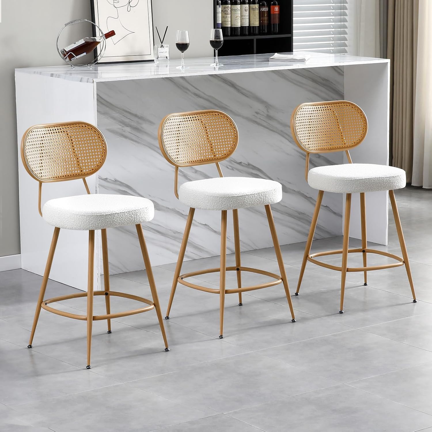 26" Rattan Barstools Set of 3, Counter Height Bar Chair with Wooden Metal Legs, Modern Armless Sherpa Pub Chair, Adjustable Feetpads Stools for Home Counter, Kitchen Dining Island, Cafe(Grey)