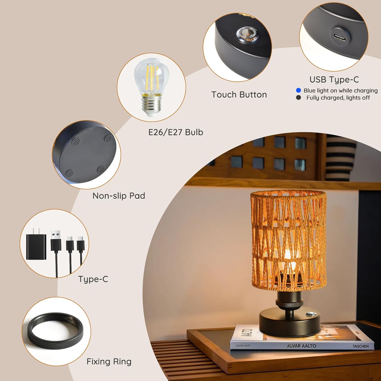 Wireless Table Lamp Charging Set—2 Piece Beige,4000mAh Rechargeable Table Lamp,Touch-sensitive Button Dimming,Ideal for Bedrooms,Bathrooms and Dining Rooms,Includes Woven Lampshade and Warm Light Bulb