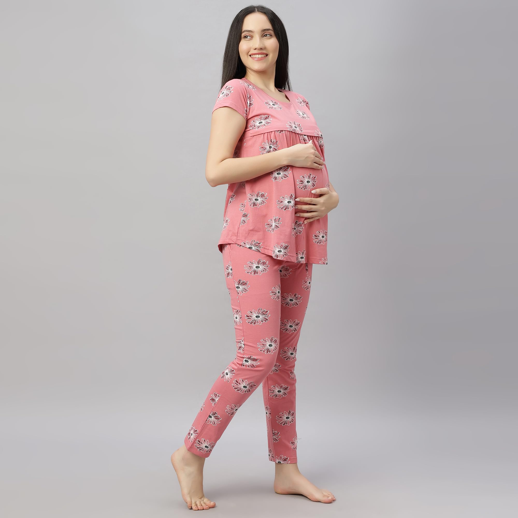 DZZO New Women's Cotton Printed Maternity Night Suit | Comfortable Feeding Night Dress | Soft & Breathable Nursing Pajama Set | Color - Peach, Size - M - Image 3 thumbnail