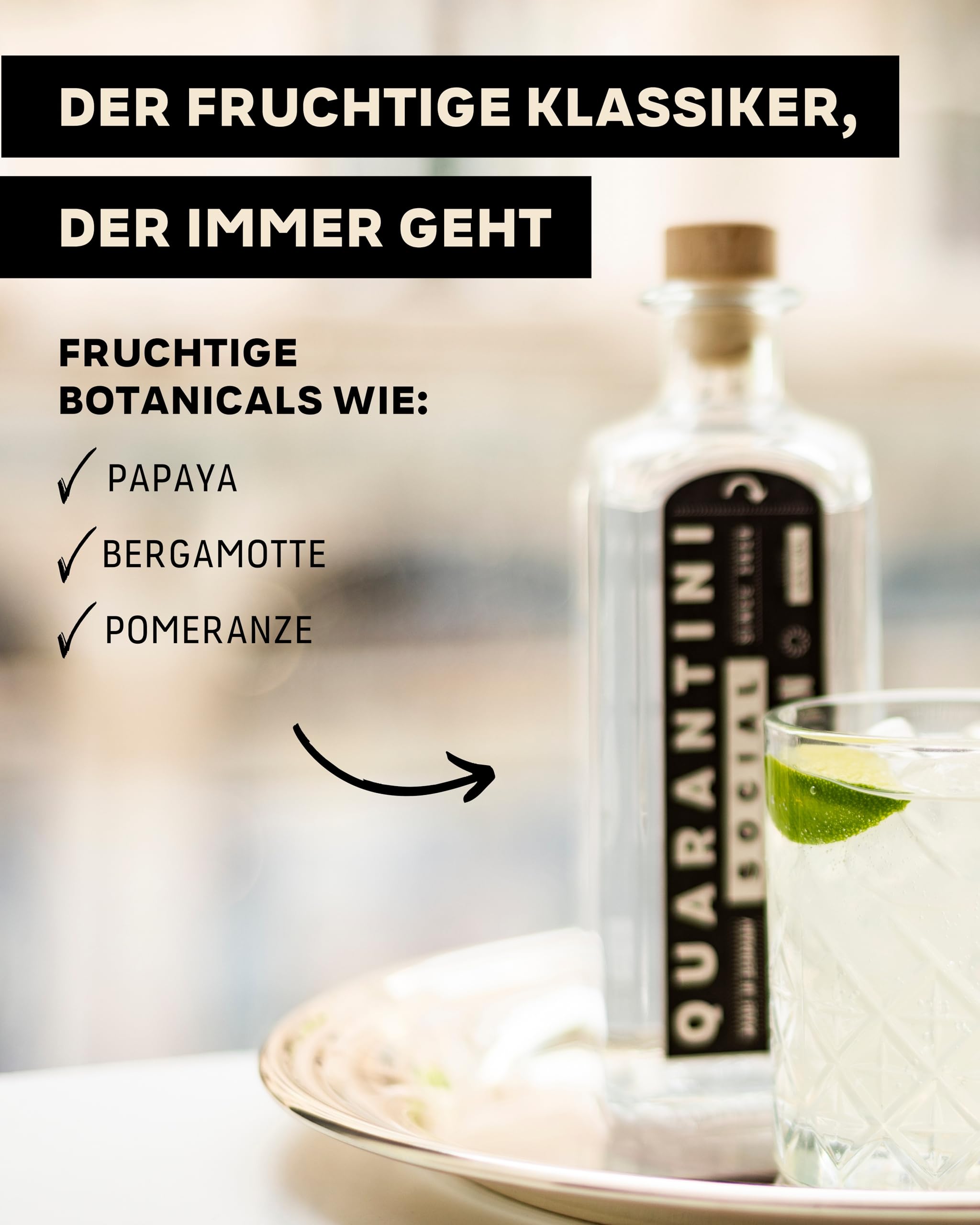 Quarantini Dry Gin 42% Vol. (500 ml Geschenkset) – mit aromatischen Botanicals aus Papaya, Bergamotte und Pomeranze