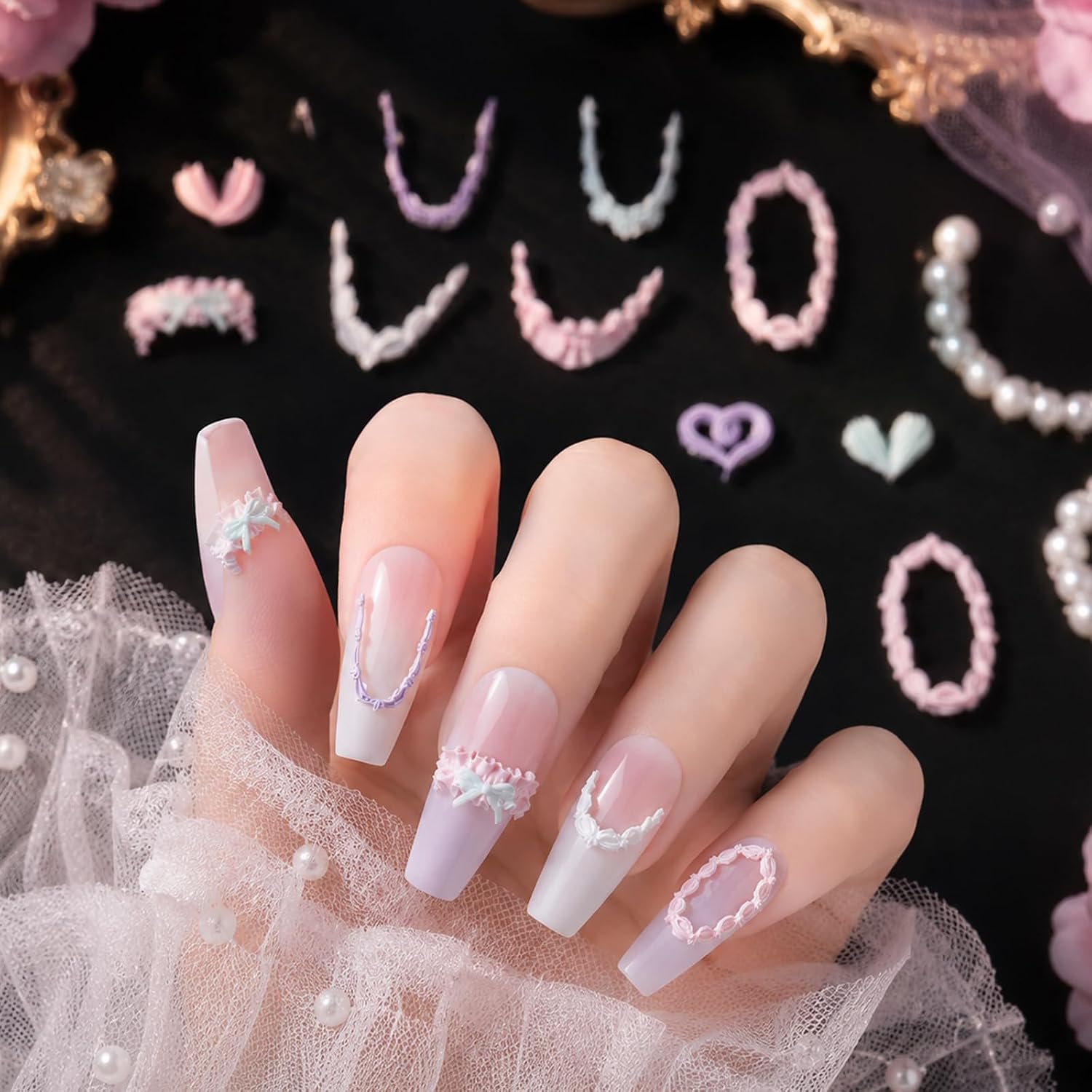2 Pcs 3D Silicone Nail Molds – Cream Lace & Bowknot Design for Gel Nail Art Sculpture, Reusable Bow Nails Charms Mould for DIY Resin Charms for Nails, Manicure Carved Template Stencils