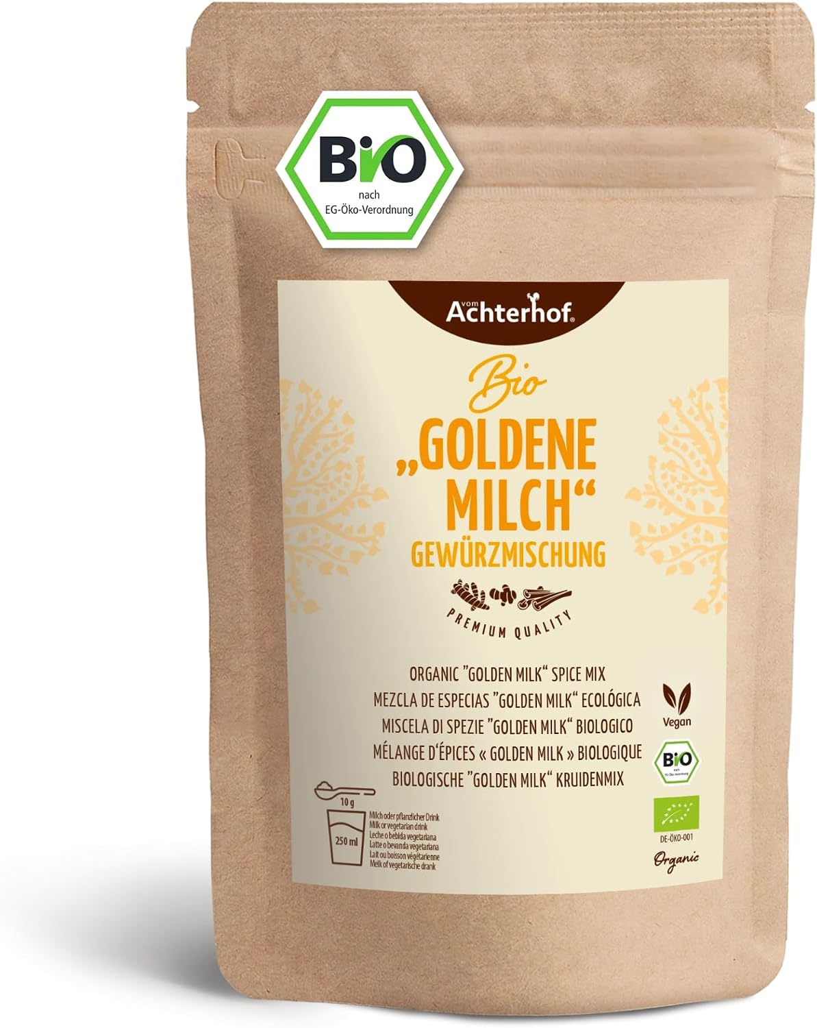 Golden Milk Spice Mix Organic 250 g Basic Ingredients for Golden Milk Ready Mixed with Turmeric Powder Ginger Powder and Ceylon Cinnamon from Achterhof