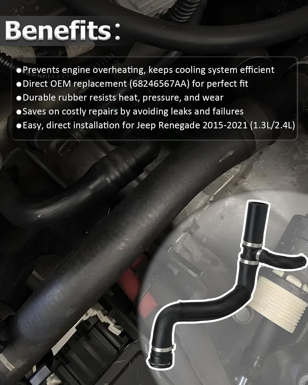 Radiator Coolant Hose Compatible with Jeep Renegade 1.3L 2.4L 2015-2021, Upper Engine Coolant Pipe Assembly Replace 68246567AA 68246567AB – Durable Rubber Hose with Heat Shield