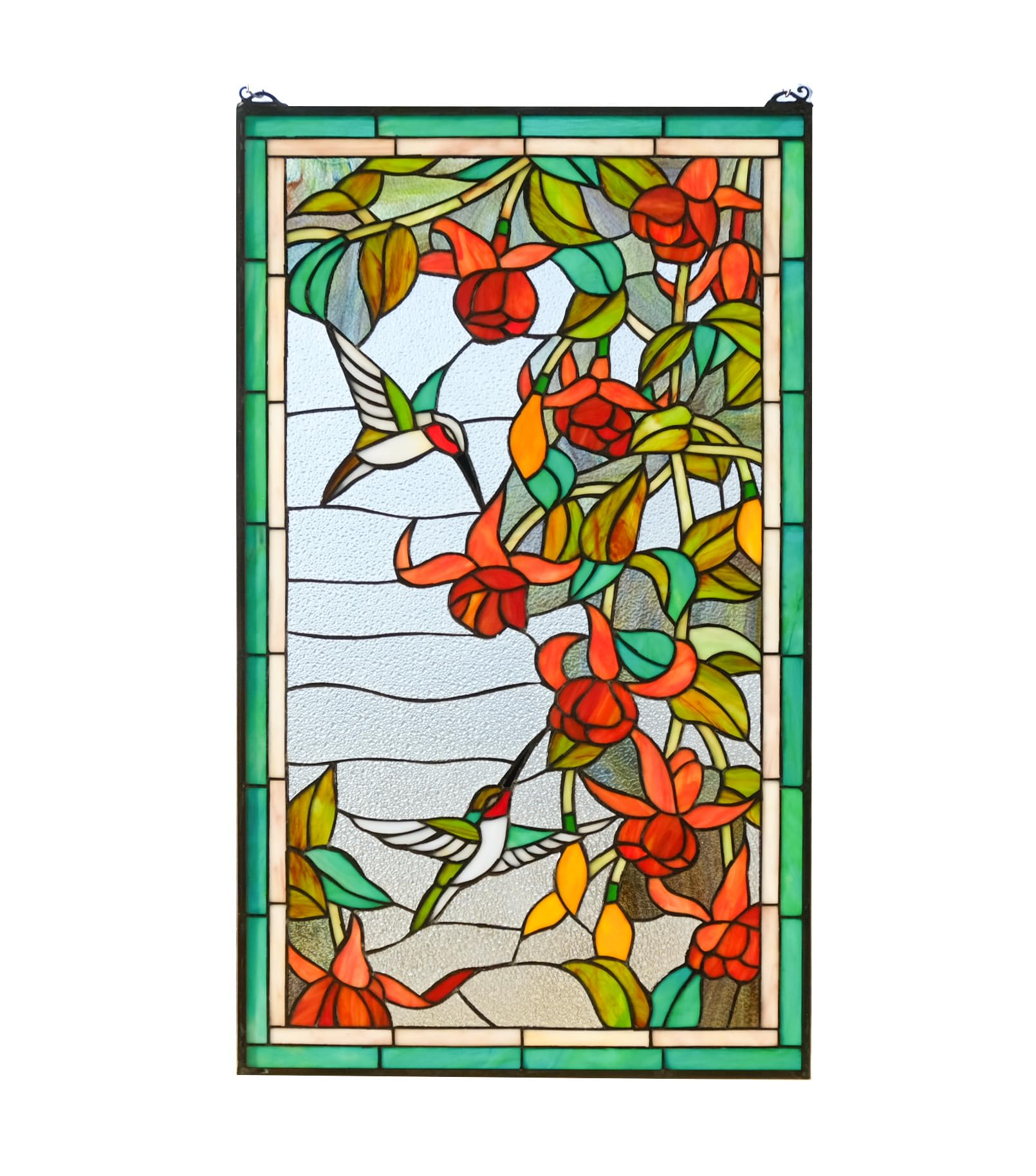 20" x 33.75" Large Tiffany Style Stained Glass Hanging Window Panel Hummingbirds & Flowers HF208