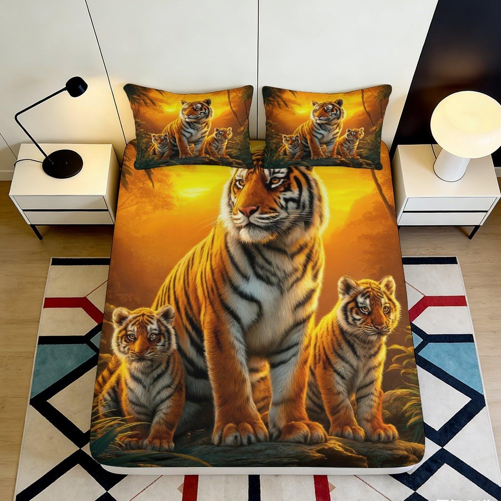 3D Printed Tiger Family Fitted Sheet Microfiber Deep Pocket Non-Slip Tiger Mattress Fitted Cover Washable for Bedroom 200x200x25cm 90x200x25cm